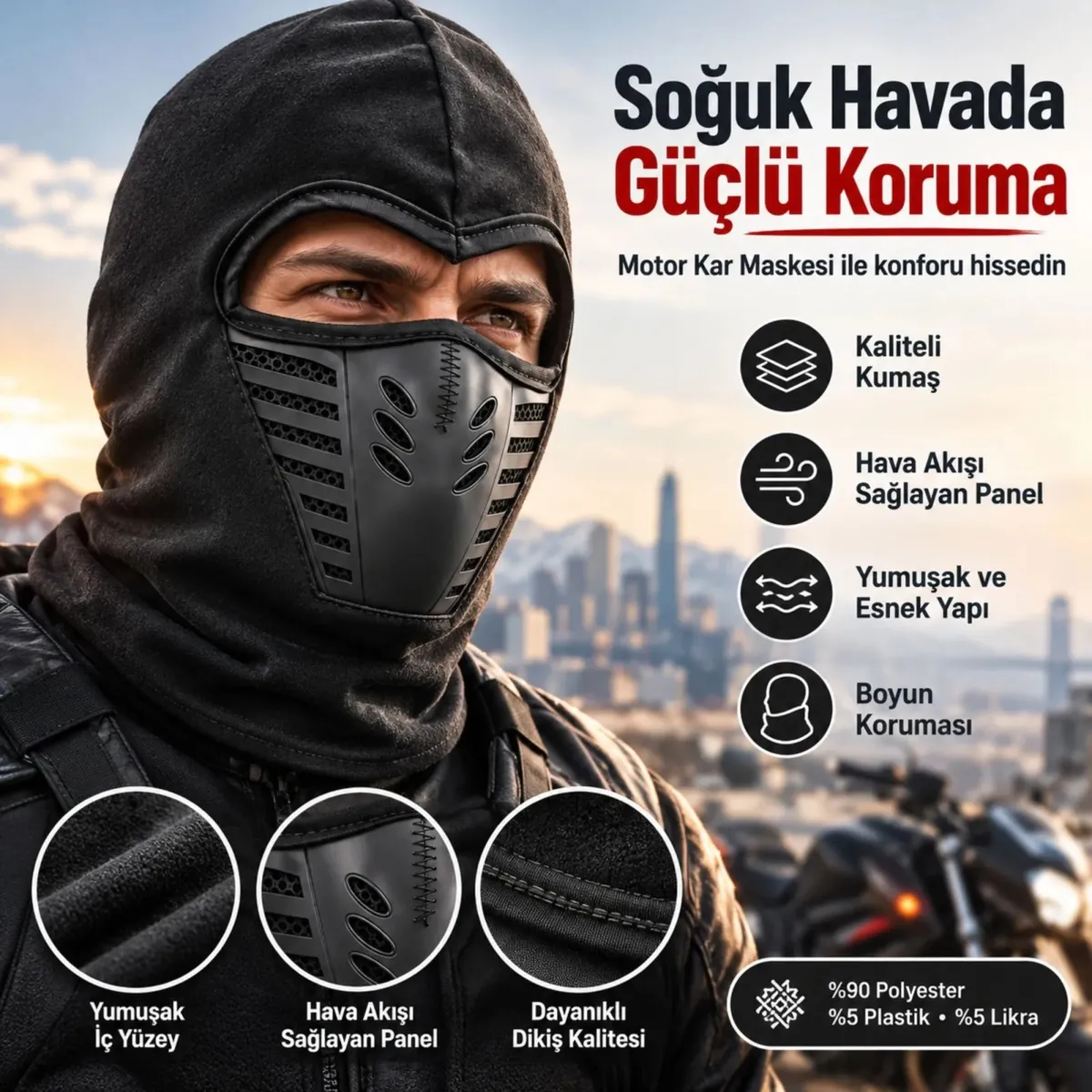 Siyah Balaklava Kar Maskesi | Air Flow Hava Kanallı Yüz Maskeli Tam Kafa Boyunluk Motorcu ve Outdoor görseli
