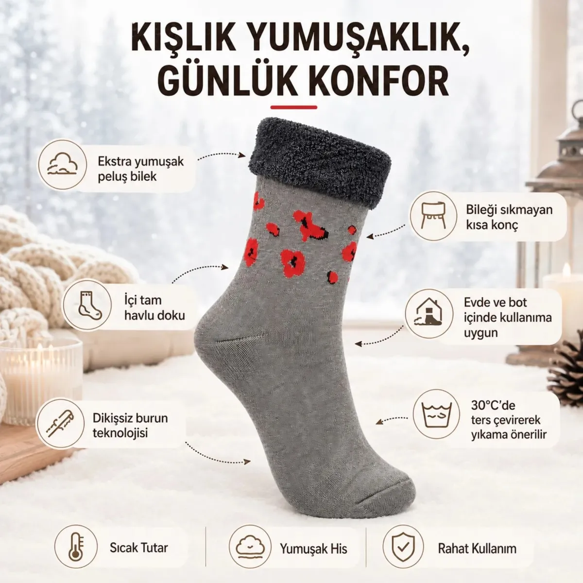 3’lü Kadın Kışlık Havlu Çorap Sıcak Tutan Yumuşak Karışık Desenli Günlük Çorap Seti görseli