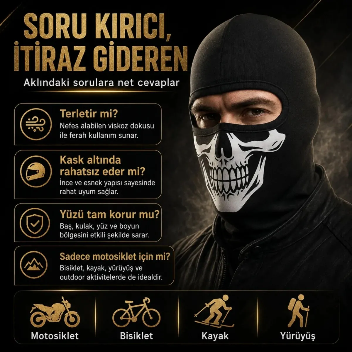 Unisex Kuru Kafa Baskılı Balaklava 1 Adet Tek Beden Viskoz Kask İçi Motosiklet Maskesi görseli