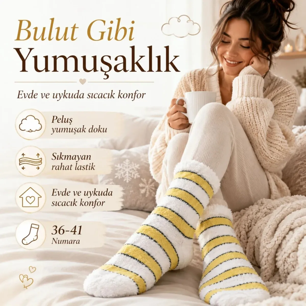 Peluş Çizgili Kadın Uyku Çorabı 36-40 Yumuşak Sıcak Tutan Sıkmayan Ev Çorabı Sarı Beyaz görseli
