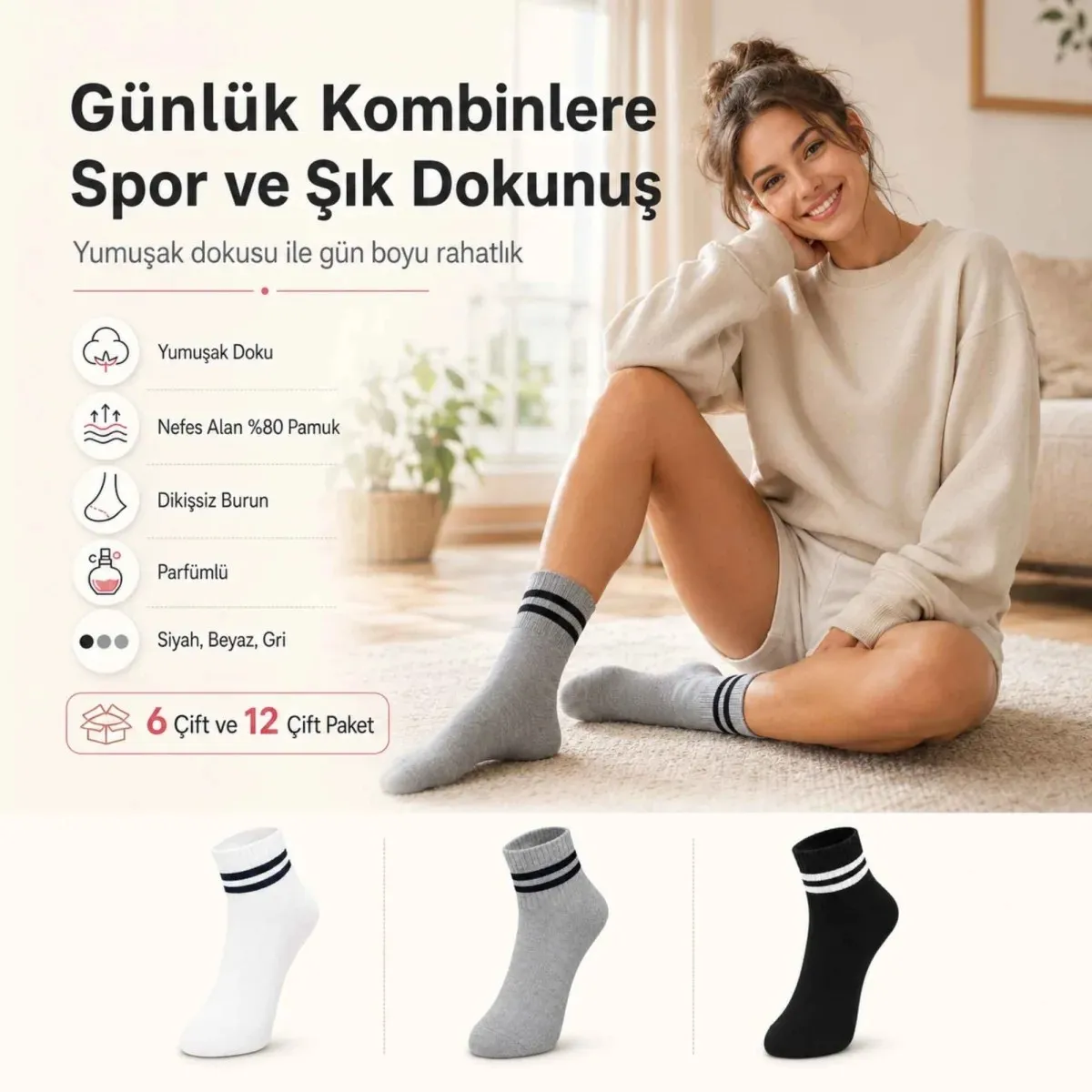 Unisex Çizgili Bilek Çorap 6'lı | %80 Pamuklu Dikişsiz Burun, Siyah Beyaz Gri Günlük Spor görseli