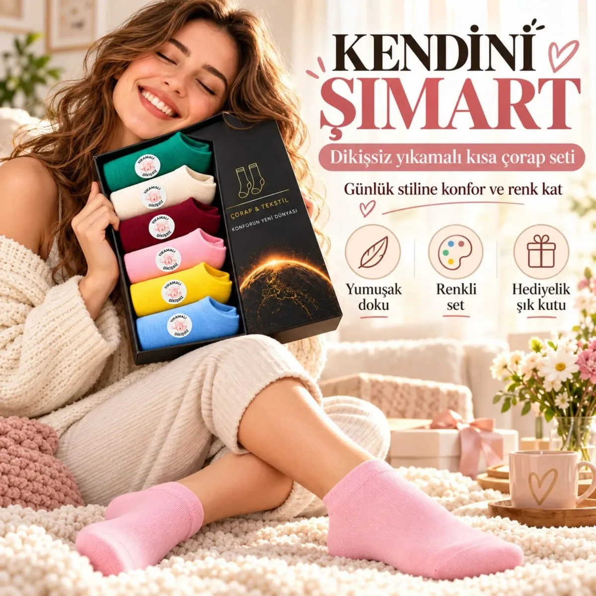 Kadın Dikişsiz Patik Çorap 12'li Kutulu Set | Renkli Günlük Patik Çorabı Hediyelik Pamuk görseli
