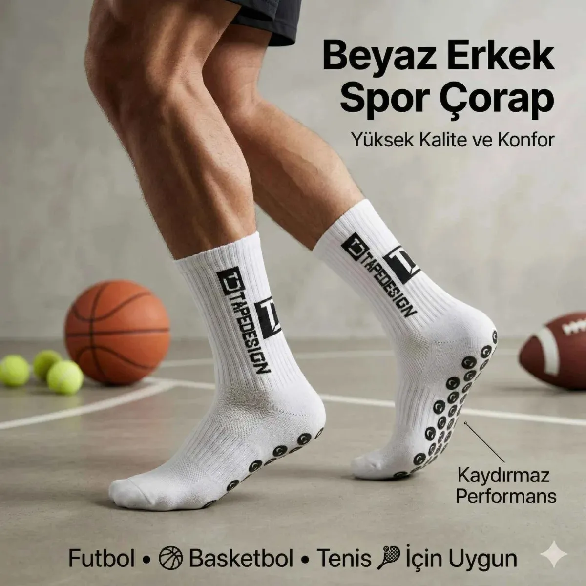 Kaydırmaz Çorap 3’lü Futbol Basketbol Tenis Erkek Spor Çorap, Beyaz, Kaymaz Çorap Tabanlı, Dikişsiz ve Parfümlü, Yüksek Kalite görseli
