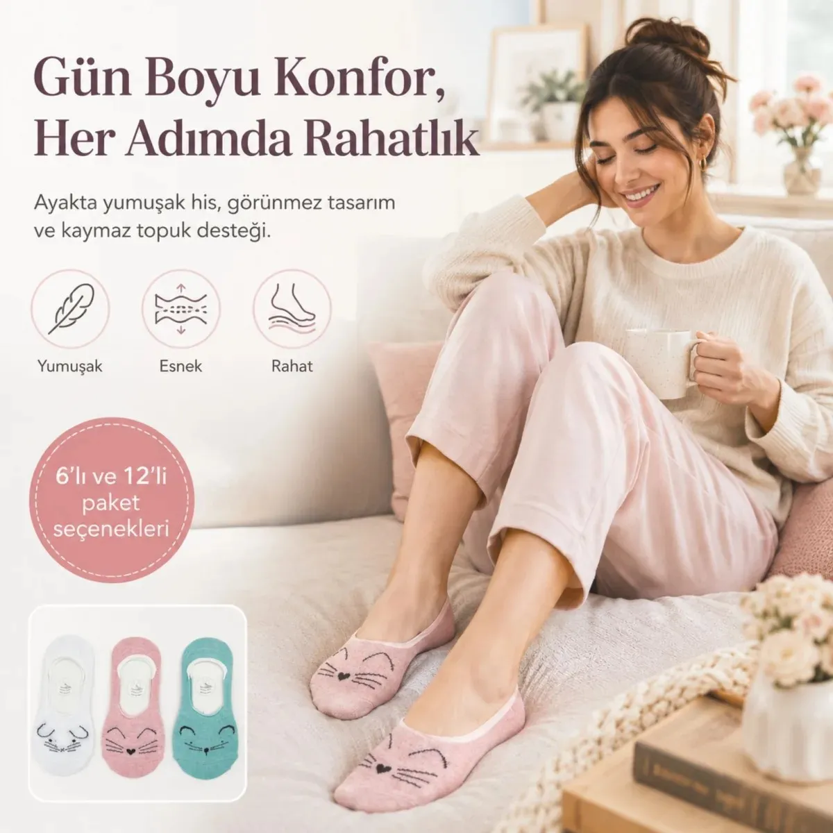 Kadın Hayvan Figürlü Görünmez Babet Çorap 12'li | Pamuklu Kaymaz Topuk, Ekru Pembe Nane görseli