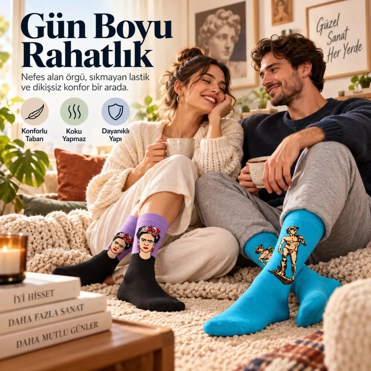 UNİSEX Çorap Sanat Temalı Renkli 7'li Set Portre Tablo Desenli Uzun Soket Günlük Eğlenceli Çorap Şık görseli