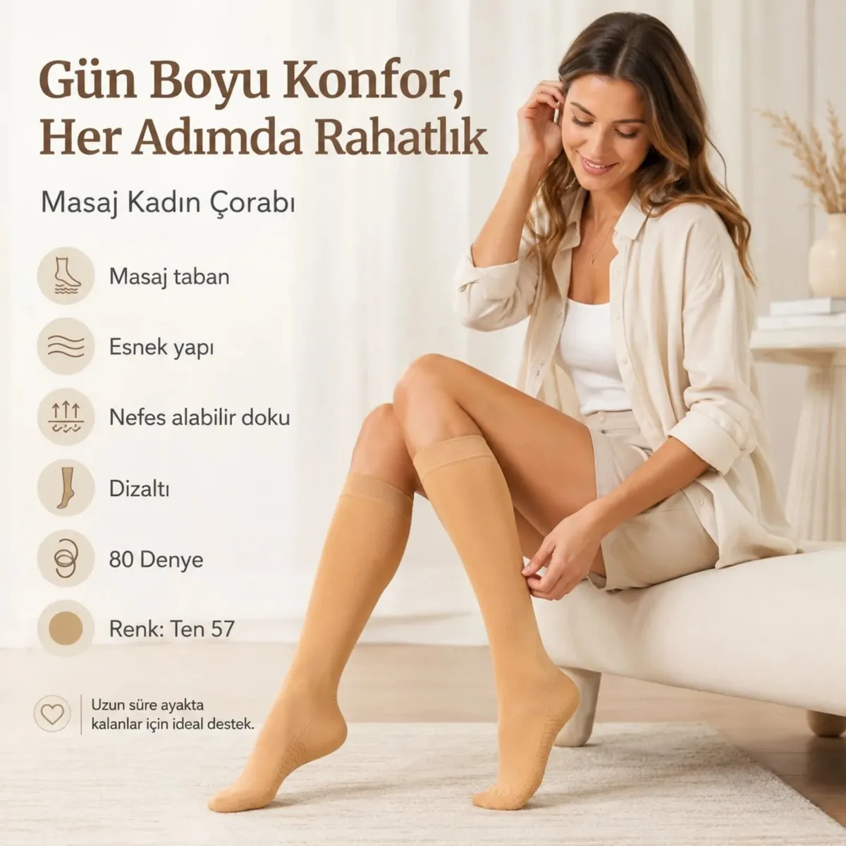 Kadın 6’lı Anne Masaj Tabanlı Dizaltı Çorap 80 Denye Esnek Rahat Günlük Kullanım görseli