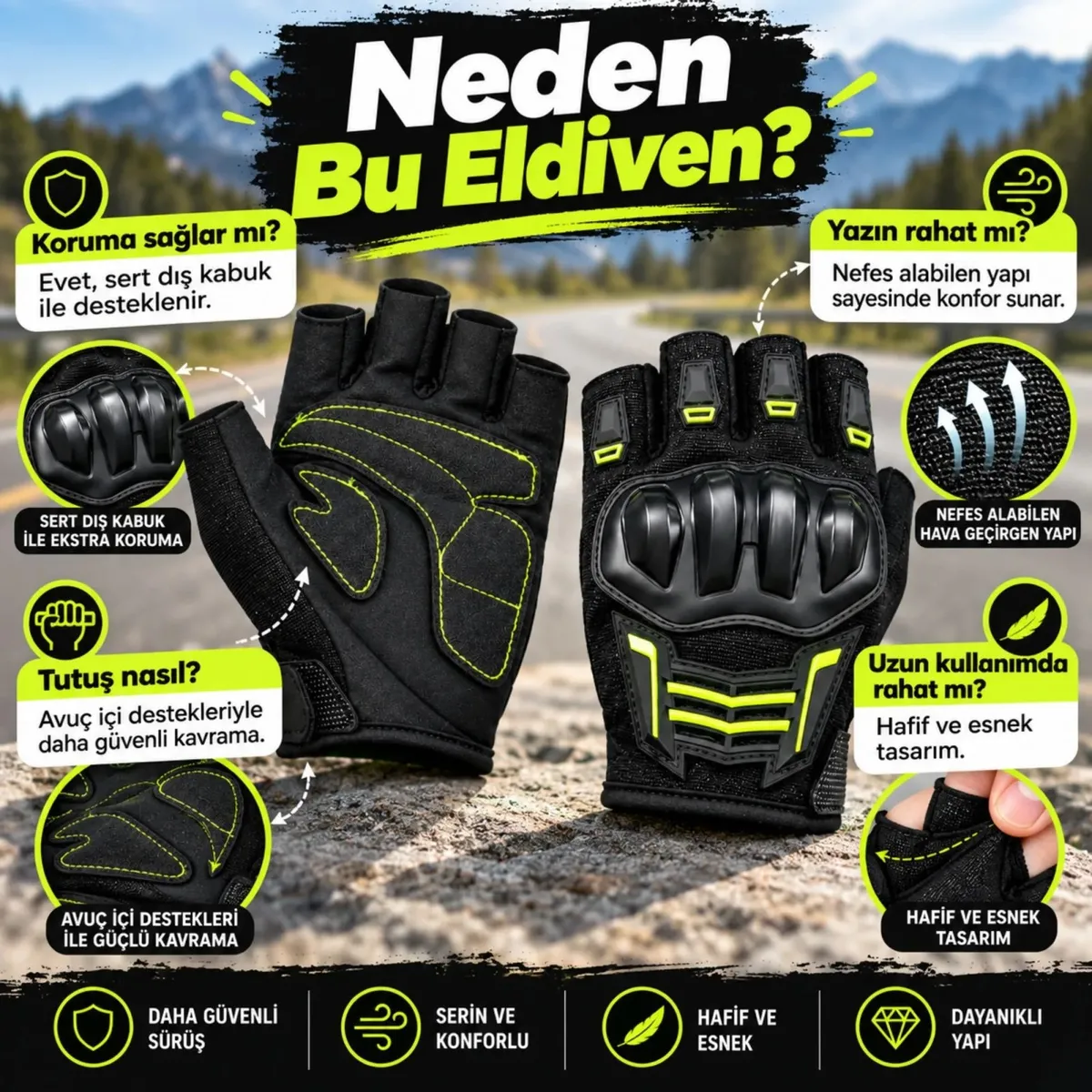 Unisex Yarım Parmak Motosiklet Eldiveni | 3D Knuckle Panelli Kaydırmaz Avuç İçi Ayarlı Bilek Bantlı görseli
