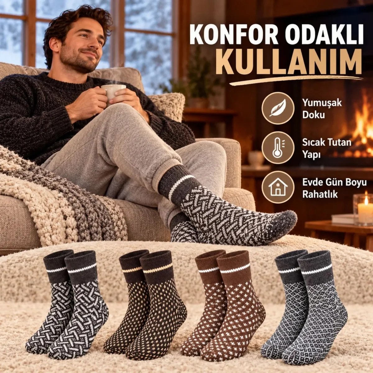 Erkek Kışlık Desenli Çorap 4'lü Seti Sıcak Tutan Yumuşak Rahat Günlük Renkli Uzun Soket Çorap Paketi görseli