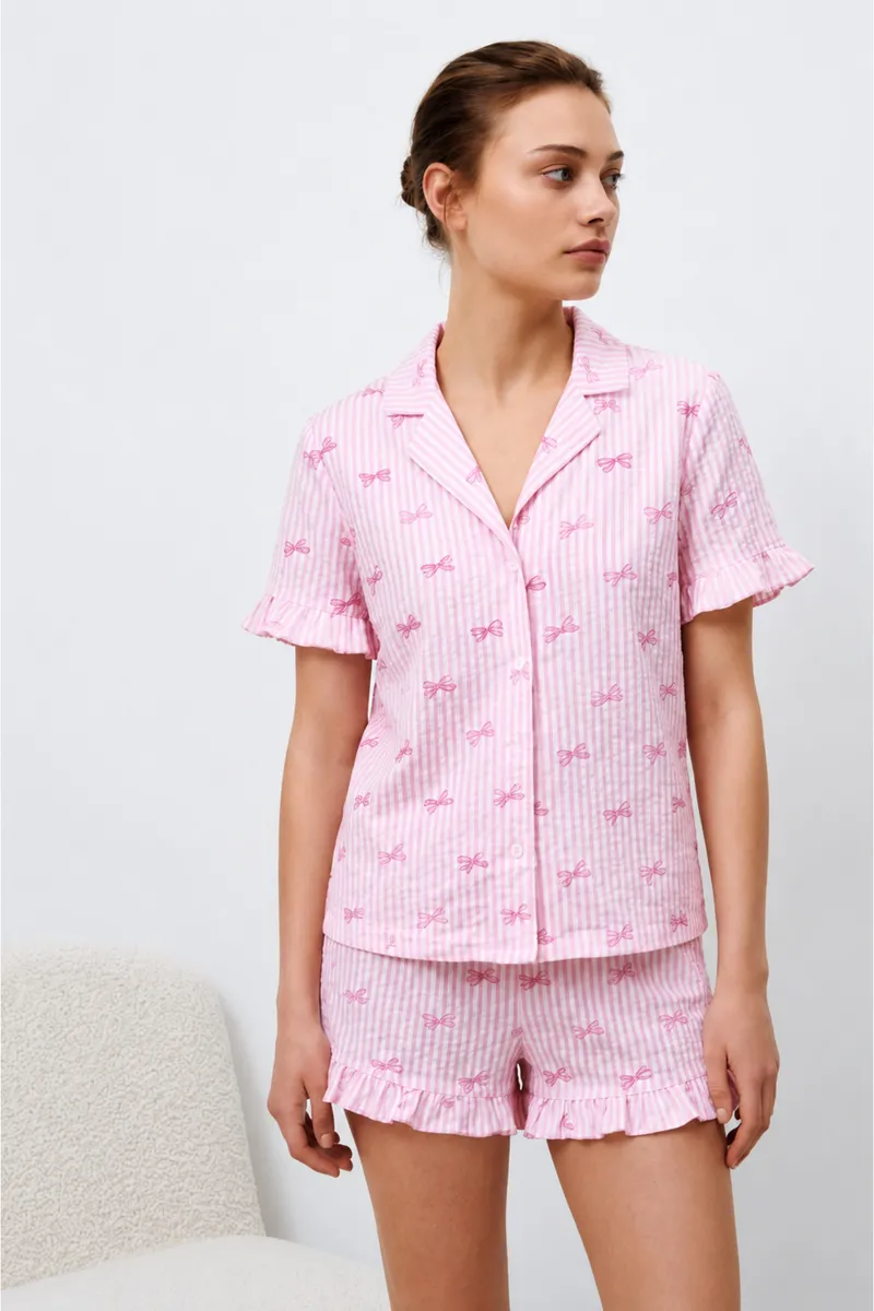 Kadın Premium Fırfırlı Pembe Pijama Takımı