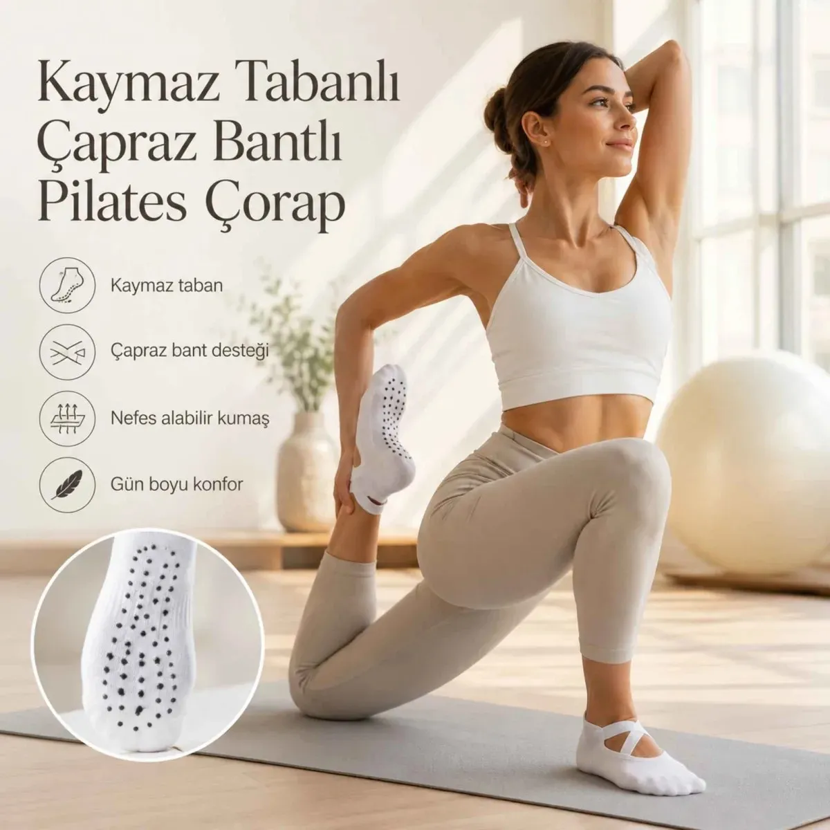 Kaymaz Tabanlı Kadın Balerin Tasarımlı Yoga Pilates Çorabı Çapraz Bantlı Spor Çorap Hac Umre Çorabı görseli