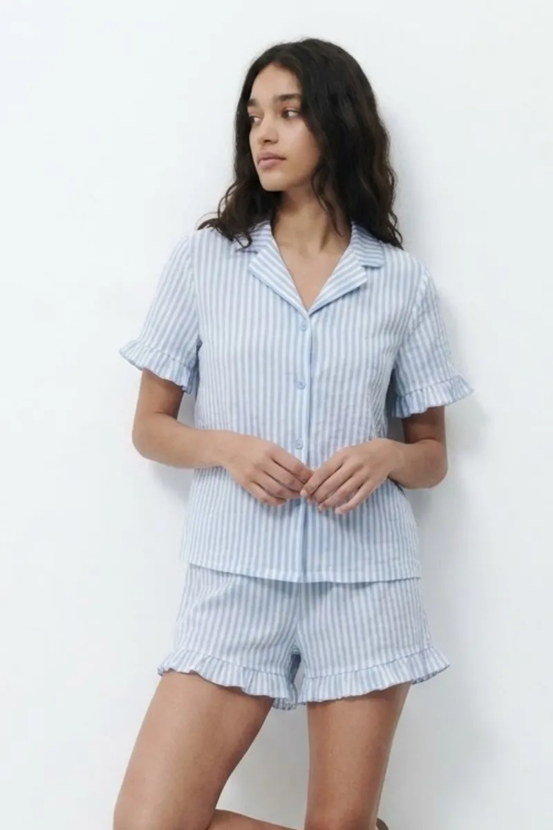Kadın Desenli Trend Mavi Pijama Takımı görseli