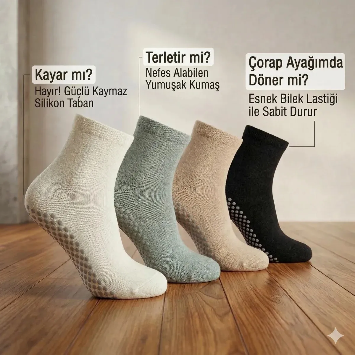 Kaymaz Tabanlı Yoga Pilates 4’lü Çorap, Silikon Tabanlı Esnek Nefes Alan Ev ve Spor Çorabı görseli