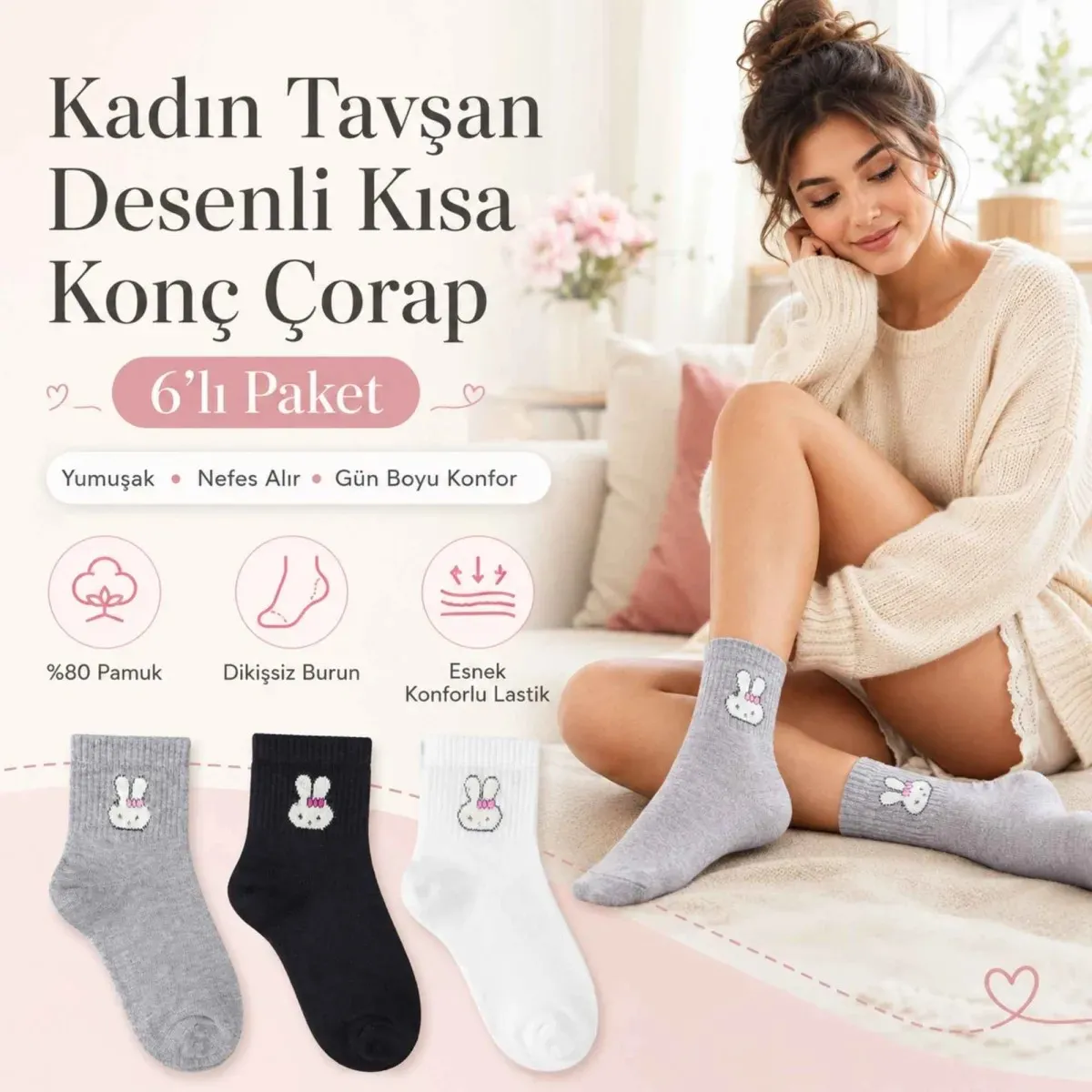 Kadın Tavşan Desenli Kısa Konç Çorap 12'li | %80 Pamuklu Dikişsiz, Siyah Beyaz Gri görseli