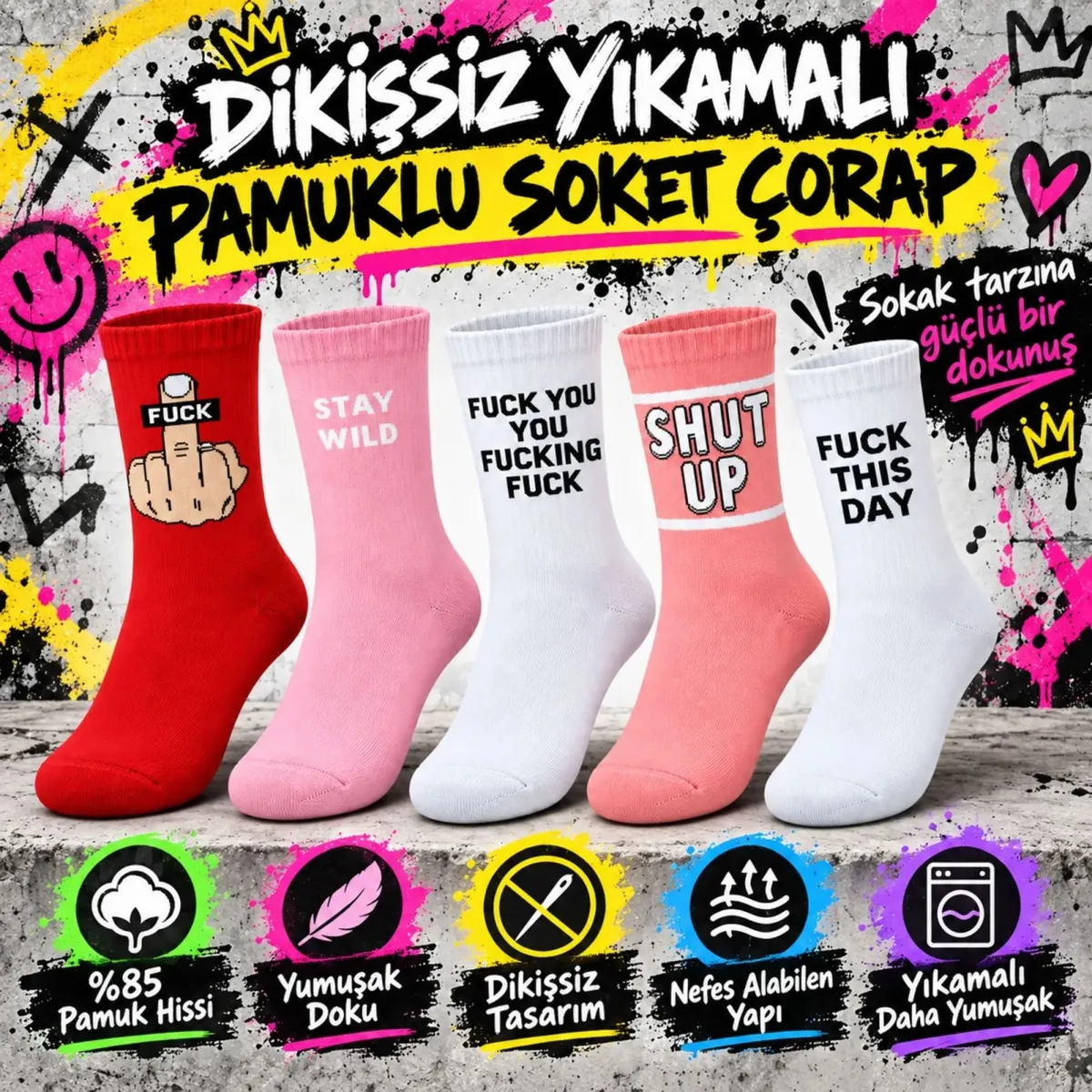 Unisex Yazılı Sloganlı Soket Çorap 10'lu Set | Eğlenceli Baskılı Renkli Günlük Spor Çorap Modelleri! görseli