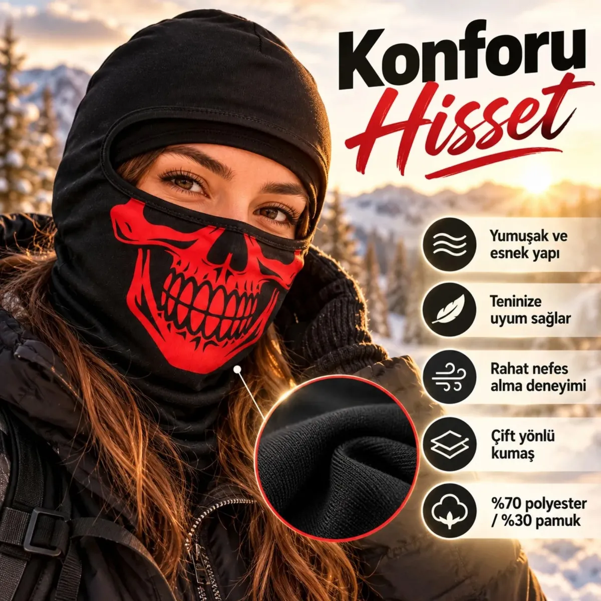 Unisex Kırmızı Kurukafa Desenli Balaklava Kar Maskesi | Siyah Tam Kafa Boyunluk Motorcu Yüz Maskesi! görseli