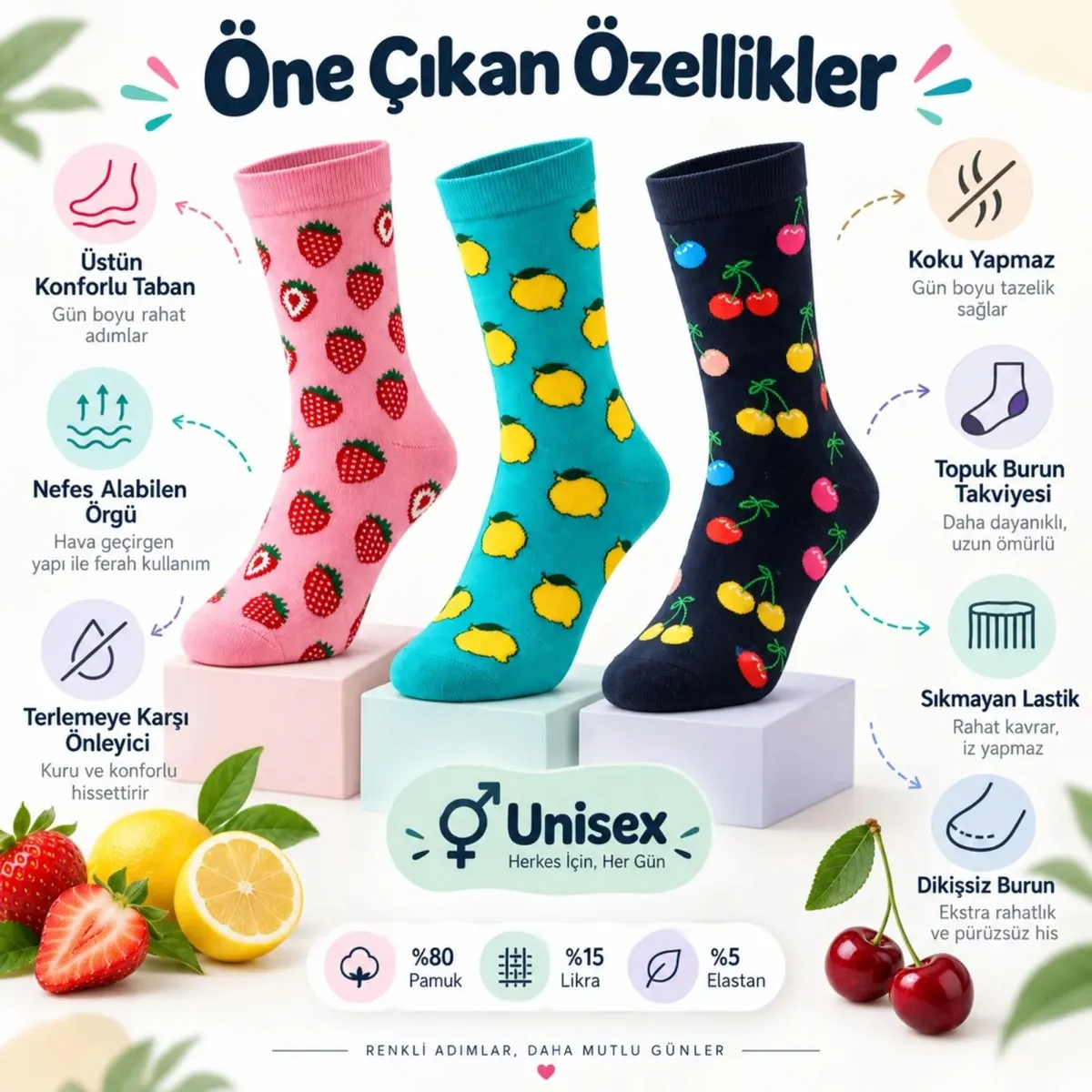 Kadın Ve Erkek Çorap Meyve Desenli Renkli 6'lı Set Uzun Soket Günlük Rahat Spor Çorap Seti görseli