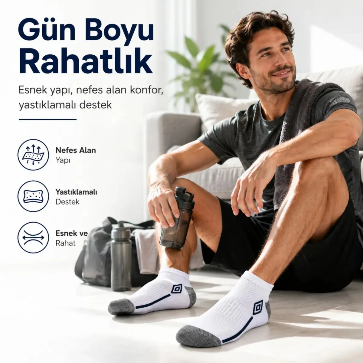 Erkek 3’lü Spor Patik Çorap 39-44 Pamuklu Havlu Destekli Bilek Boy Beyaz Gri görseli
