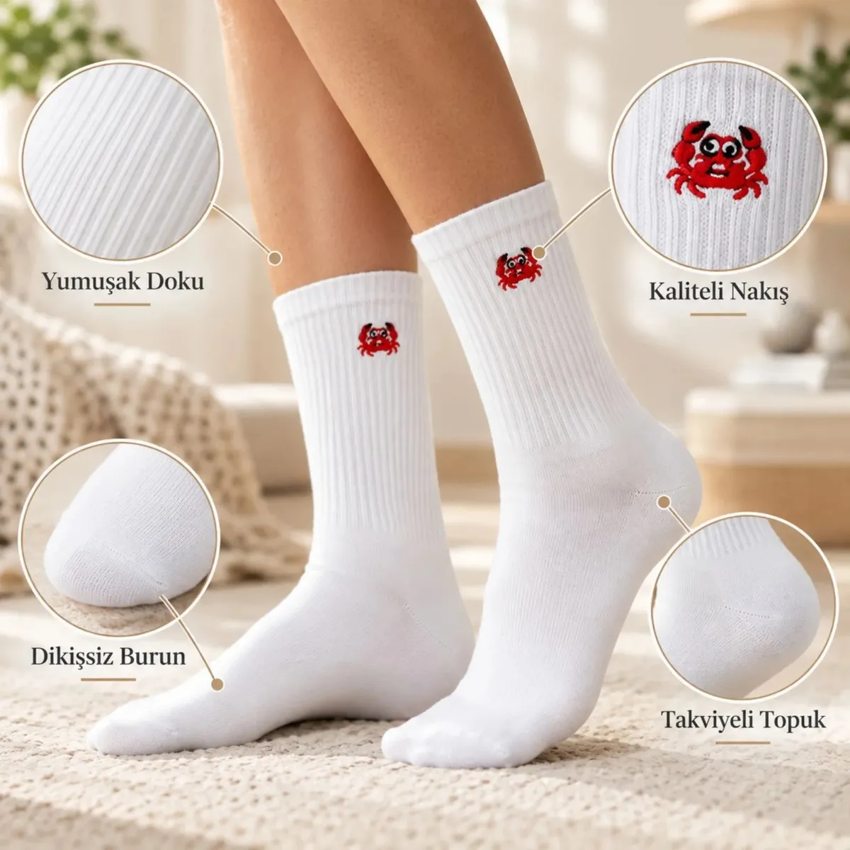 UNİSEX Çorap Beyaz Hayvan Nakışlı 3'lü Set Yengeç Yılan Kedi Desenli Uzun Soket Günlük Spor Çorabı görseli