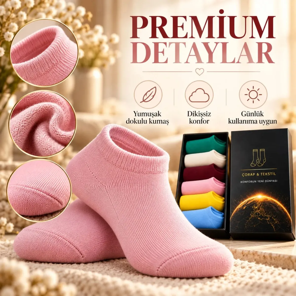 Kadın Dikişsiz Patik Çorap 6'lı Kutulu Seti | Renkli Yıkamalı Günlük Sneaker Çorabı Hediyelik Paketi görseli