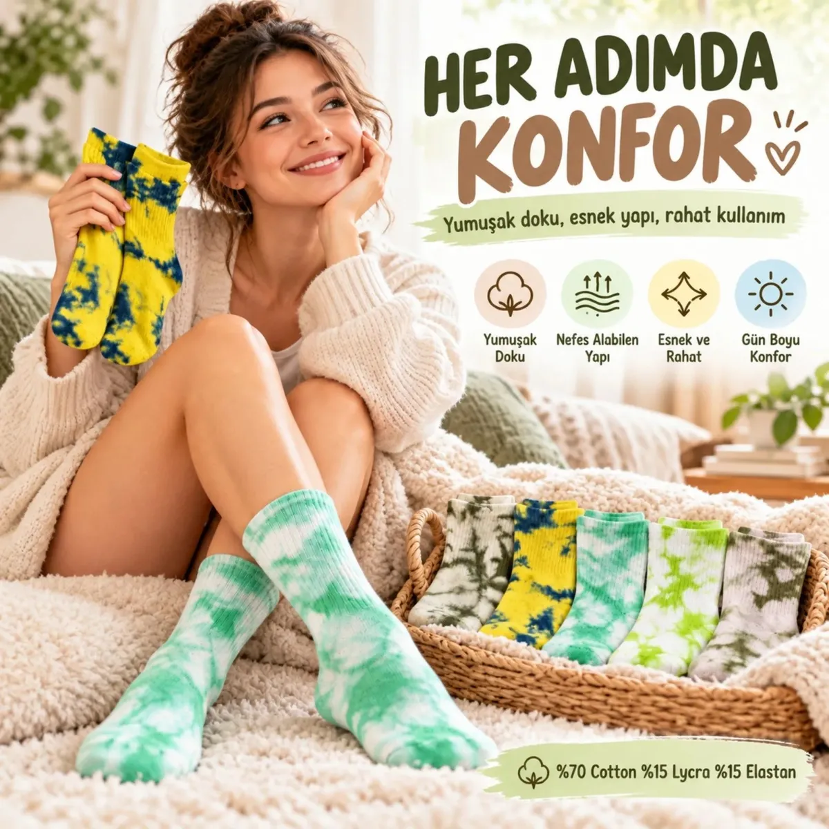 Unisex Batik Desenli Çorap 10'lu Pamuklu Renkli Uzun Soket Dikişsiz Nefes Alan Günlük Spor Çorabı görseli