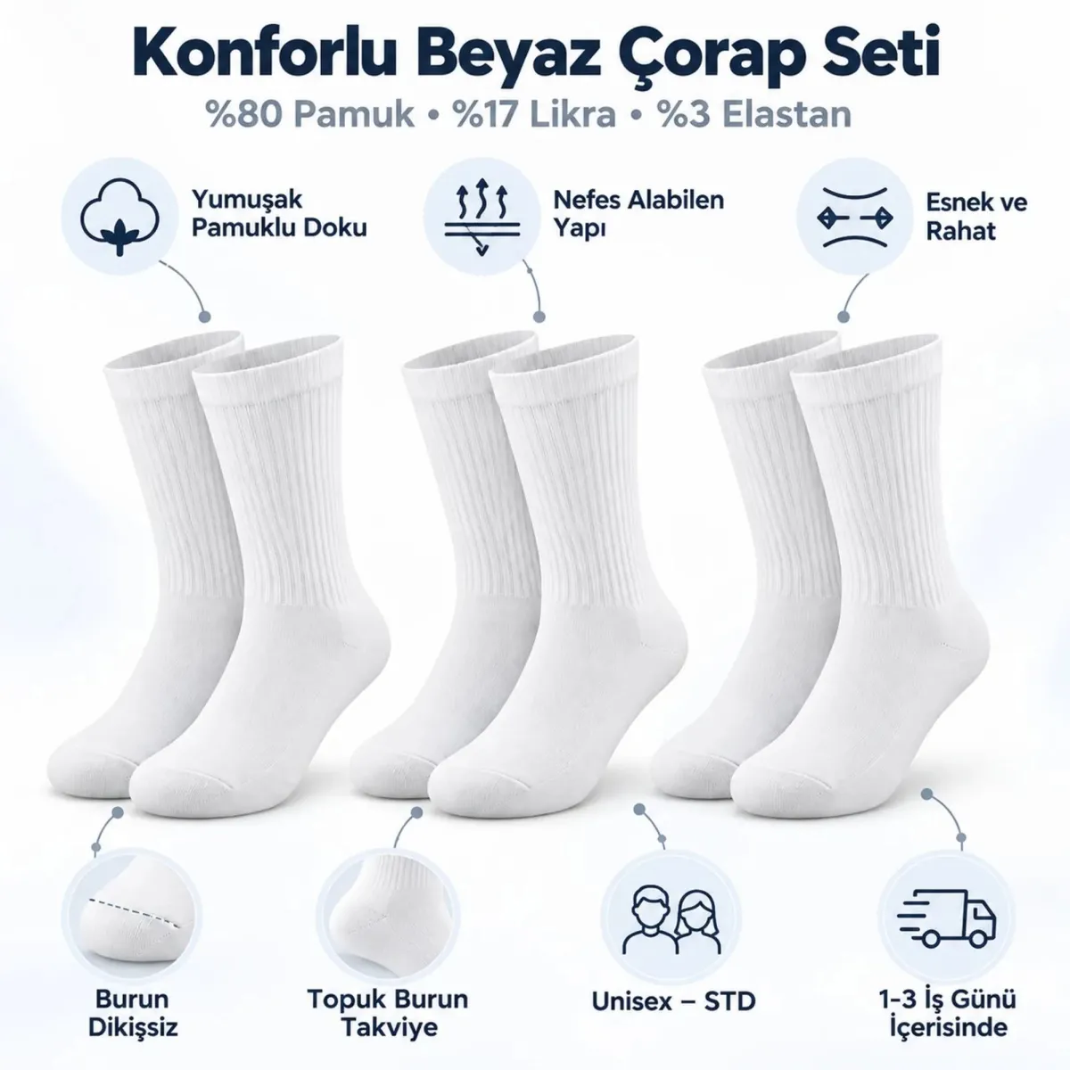 Unisex Basic Siyah Beyaz Soket Çorap 6'lı Set Kadın Erkek Spor Günlük Uzun Ribanalı Rahat Çorap Set görseli
