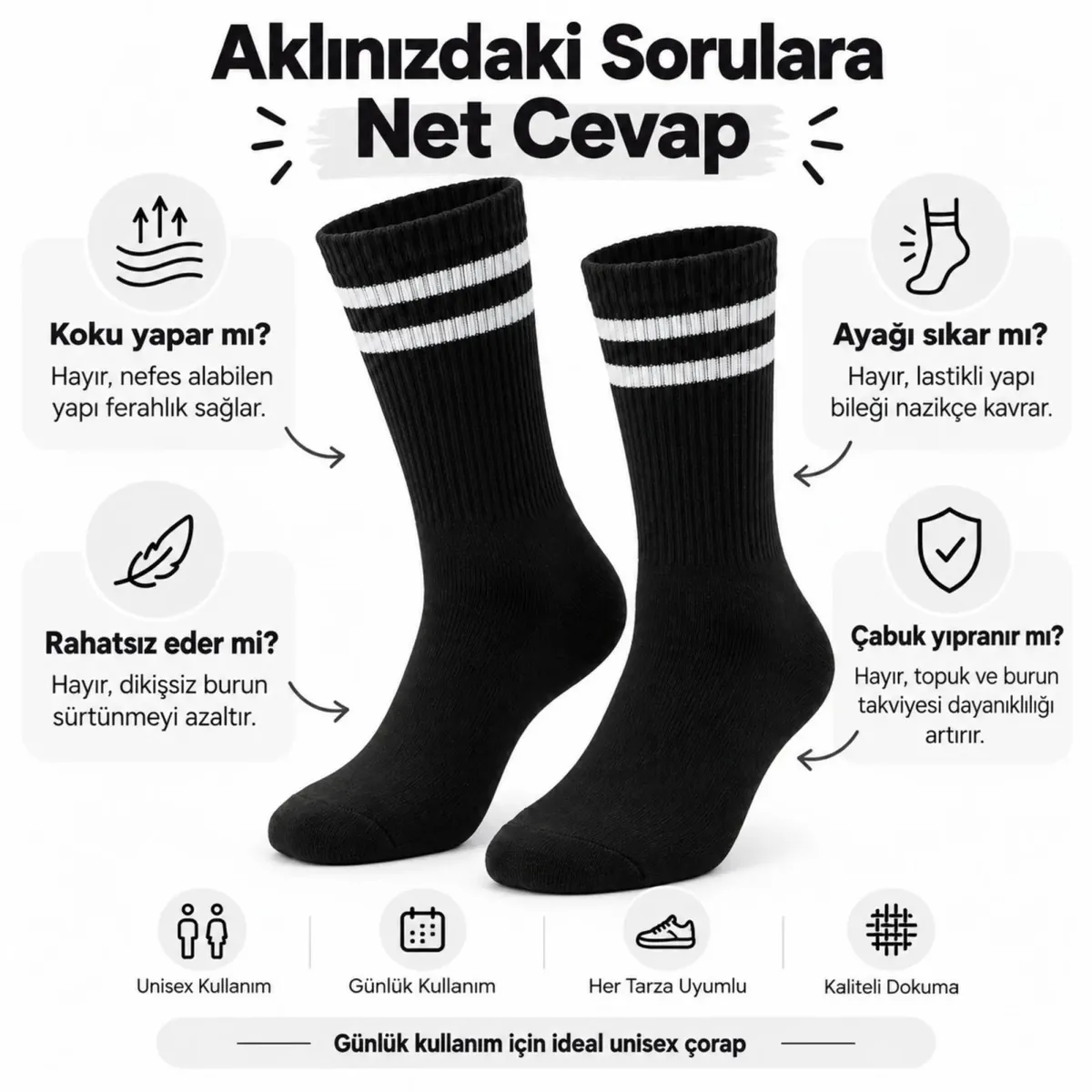 Siyah Çorap Beyaz Çizgili 3'lü Set Unisex Uzun Soket Günlük Spor Rahat Kolej Stil Çorap Seti görseli