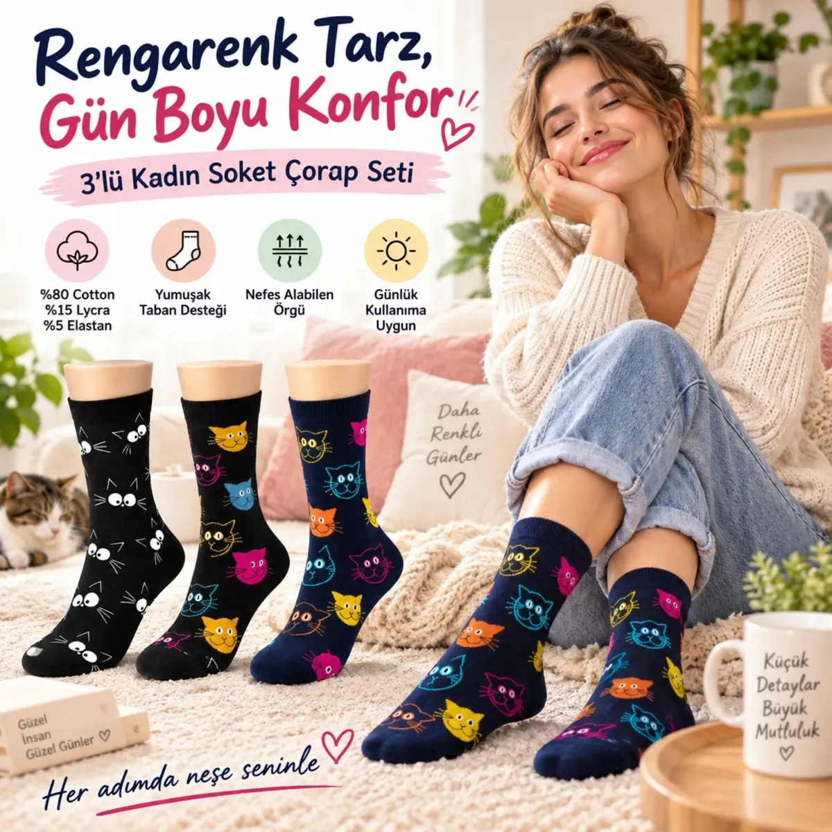 Unisex Kedi Desenli Çorap 3'lü Set Pamuklu Renkli Uzun Soket Dikişsiz Nefes Alan Rahat Günlük Çorap görseli