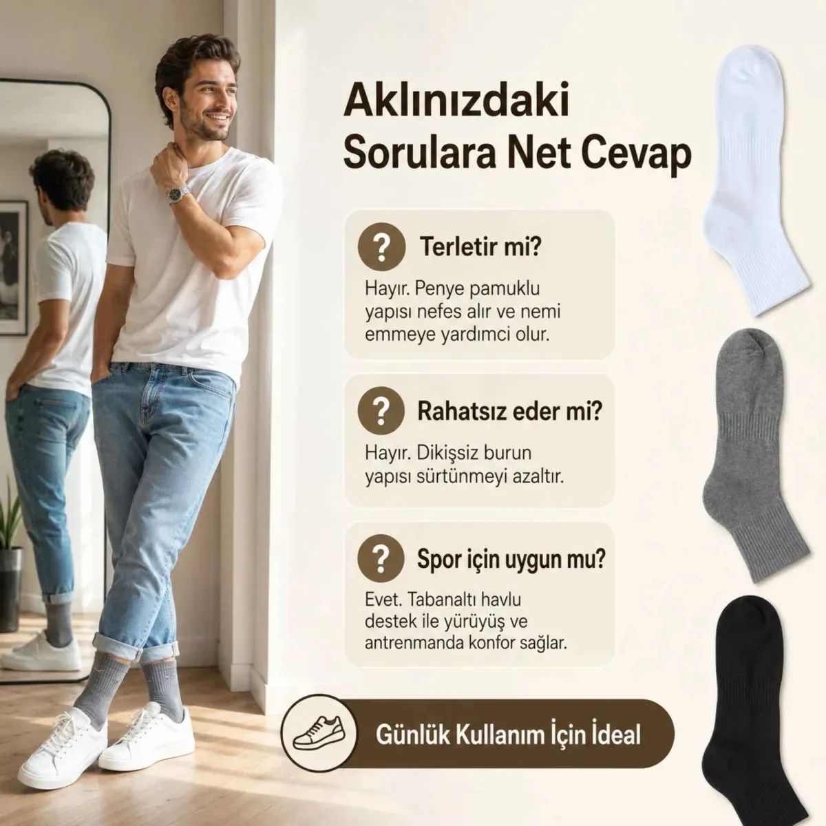 Erkek Spor Çorap 6'lı | Penye Pamuklu Havlu Tabanlı Uzun Konç, Dikişsiz Burun, Siyah Gri Beyaz görseli