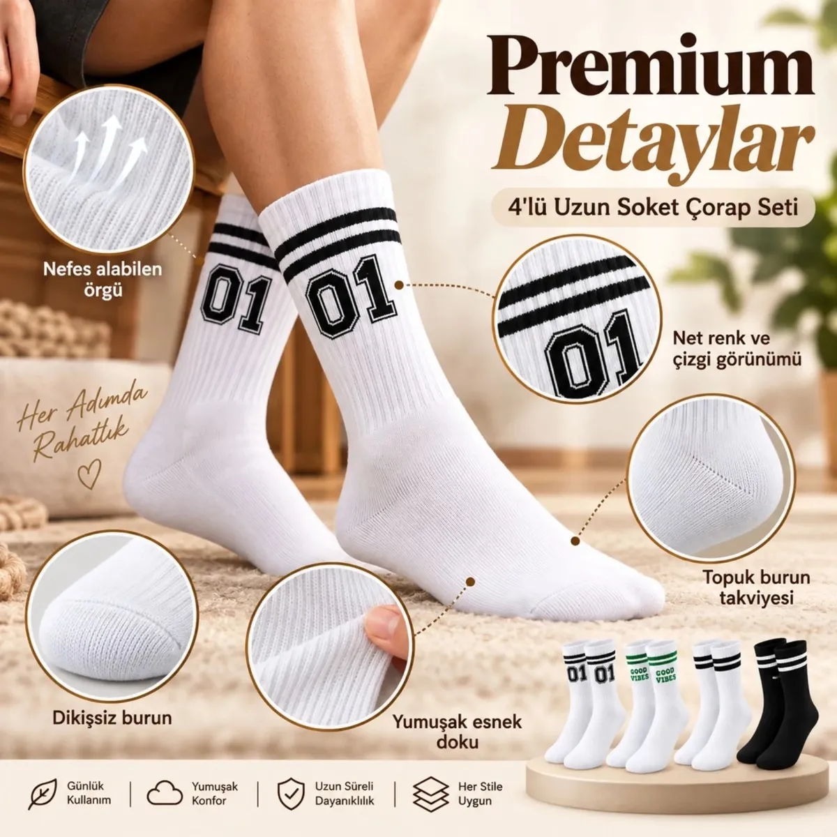 Unisex Çorap Çizgili 8'li Set 07 Good Vibes yazılı Siyah Beyaz Uzun Soket Spor Kolej Stil Çorap görseli