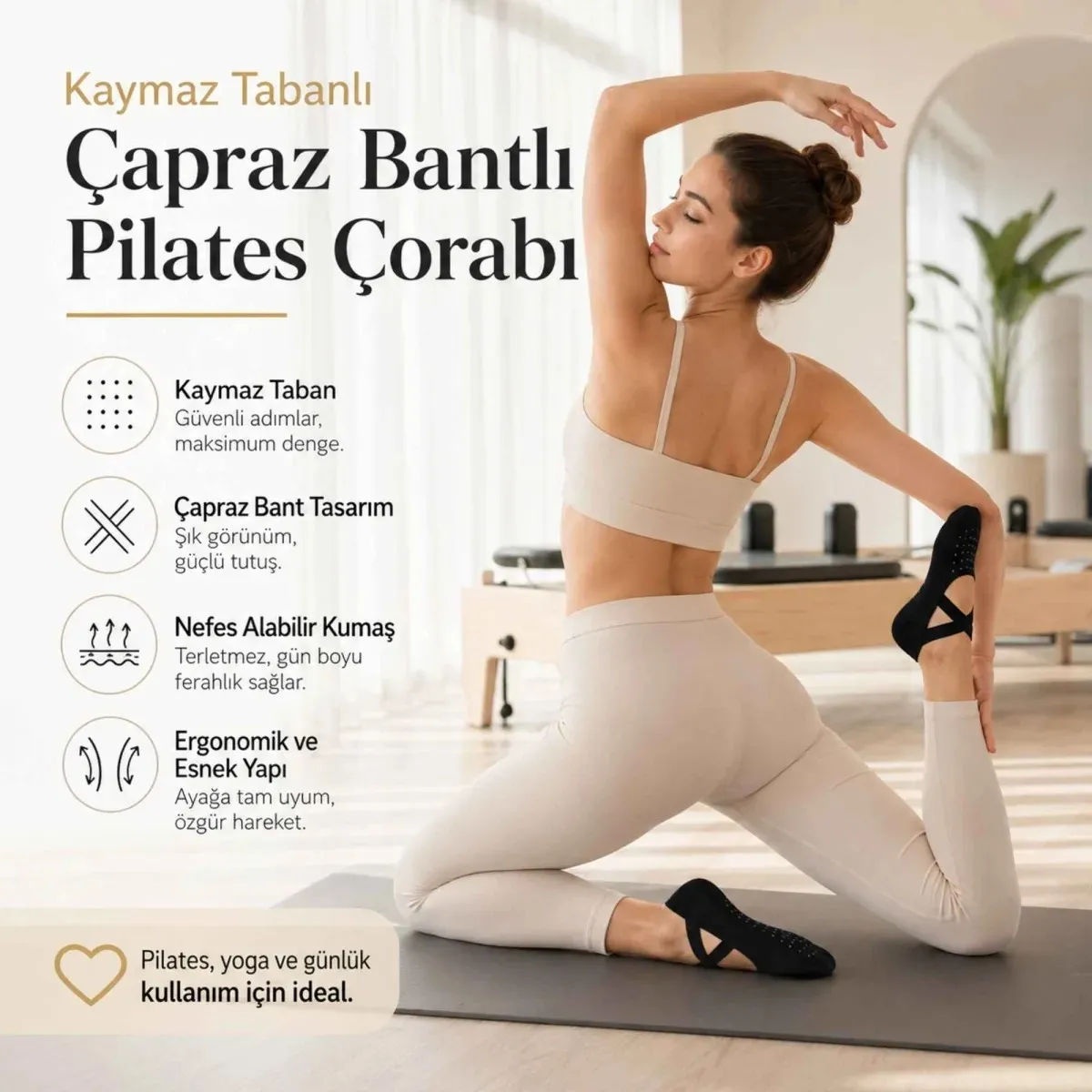 Kaymaz Tabanlı Kadın Balerin Tasarımlı Yoga Pilates Çorabı Çapraz Bantlı Spor Çorap Hac Umre Çorabı görseli