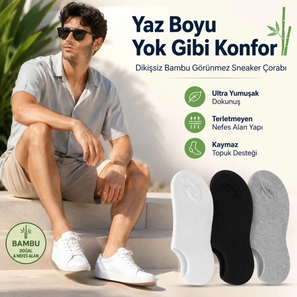 Erkek Bambu 6’lı Dikişsiz Babet Çorap Siyah Beyaz Gri Görünmez Sneaker Çorap Nefes Alan Yumuşak görseli
