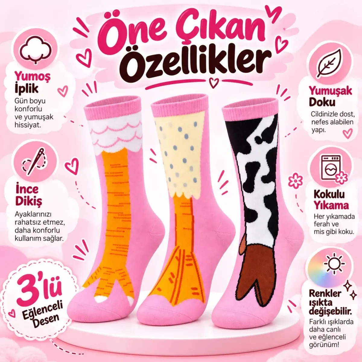Kadın 3'lü Pembe Figürlü Soket Çorap Seti | Sevimli İnek Desenli ve Renkli Eğlenceli Günlük Çoraplar görseli