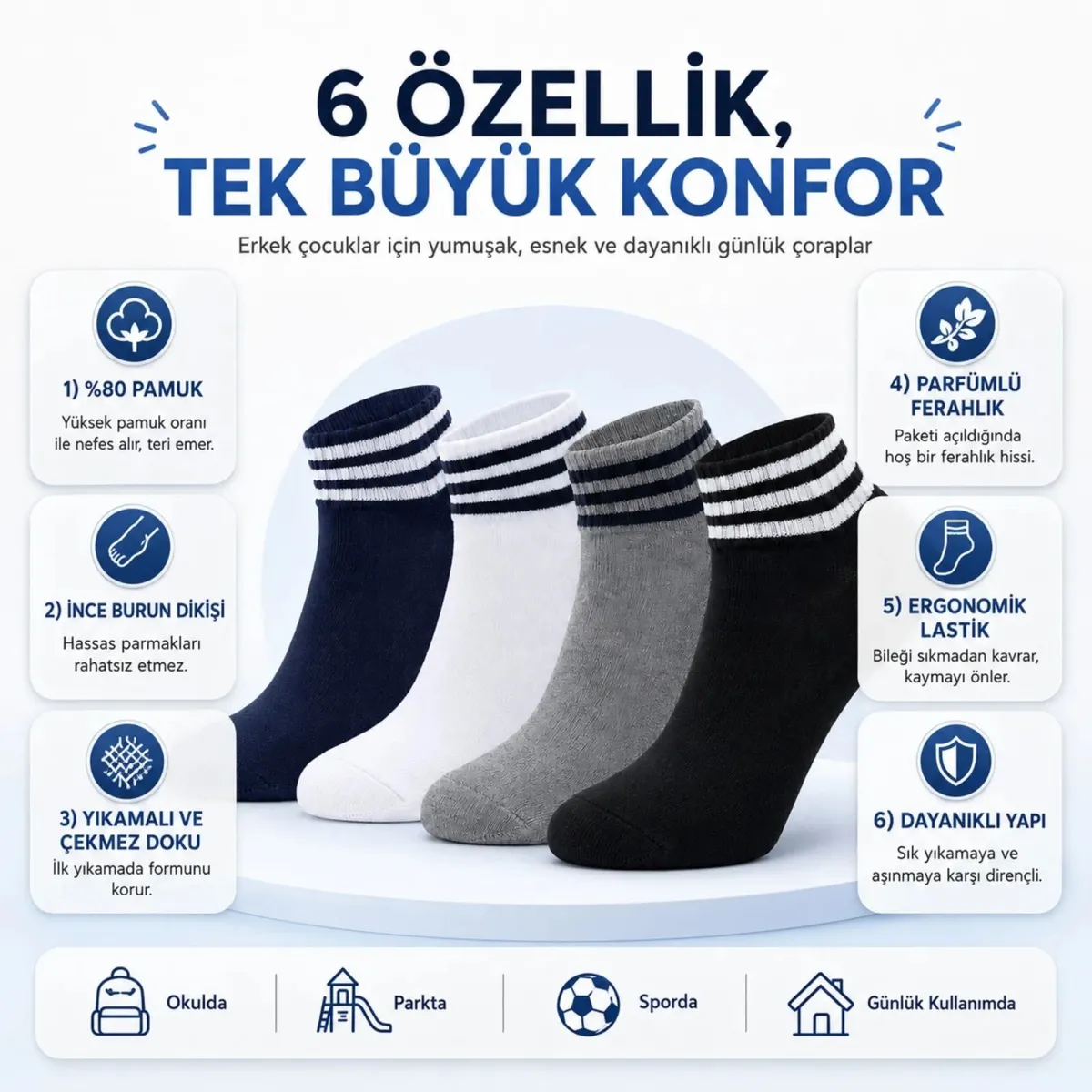 Erkek Çocuk Pamuklu Çizgili Patik Çorap 4'lü | Nefes Alan Esnek Okul Günlük Spor Çorabı