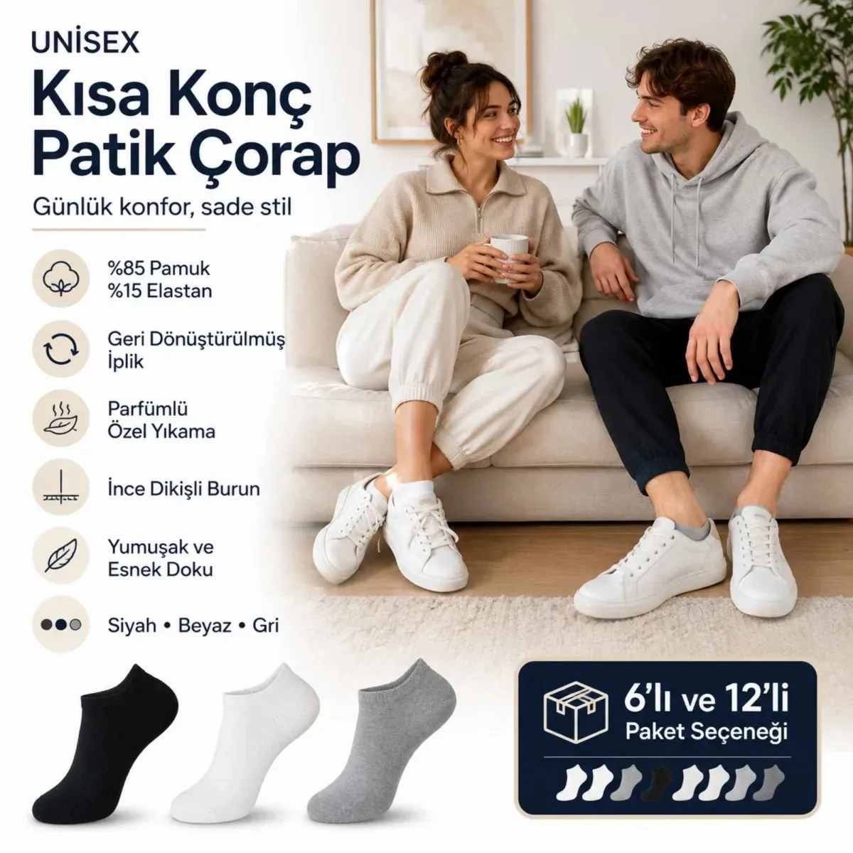 Unisex Patik Çorap 6'lı | %85 Pamuklu Geri Dönüşüm İplikli, İnce Dikişli Günlük Spor