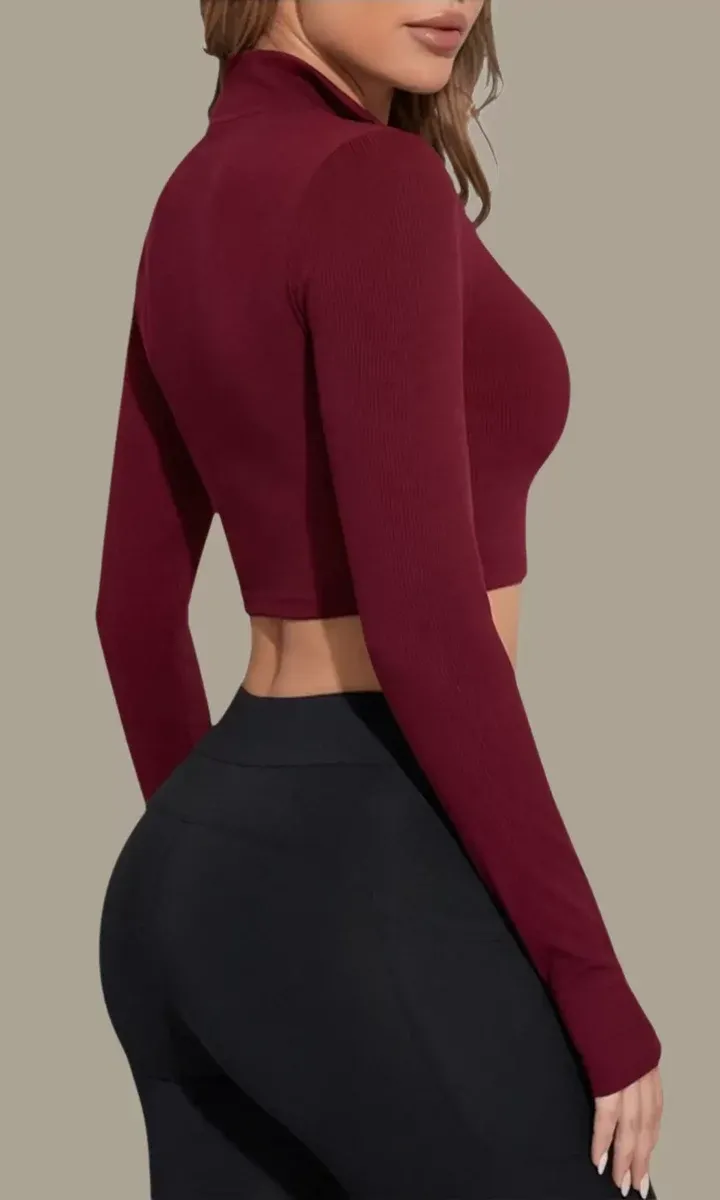 Kadın Bordo Uzun Kol Fermuarlı Parmak Geçme Detaylı Dik Yaka Crop Top Bluz görseli