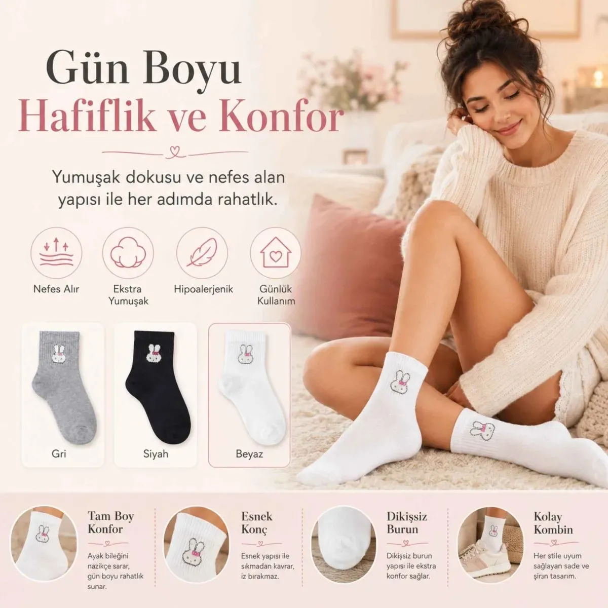 Kadın Tavşan Desenli Kısa Konç Çorap 12'li | %80 Pamuklu Dikişsiz, Siyah Beyaz Gri görseli
