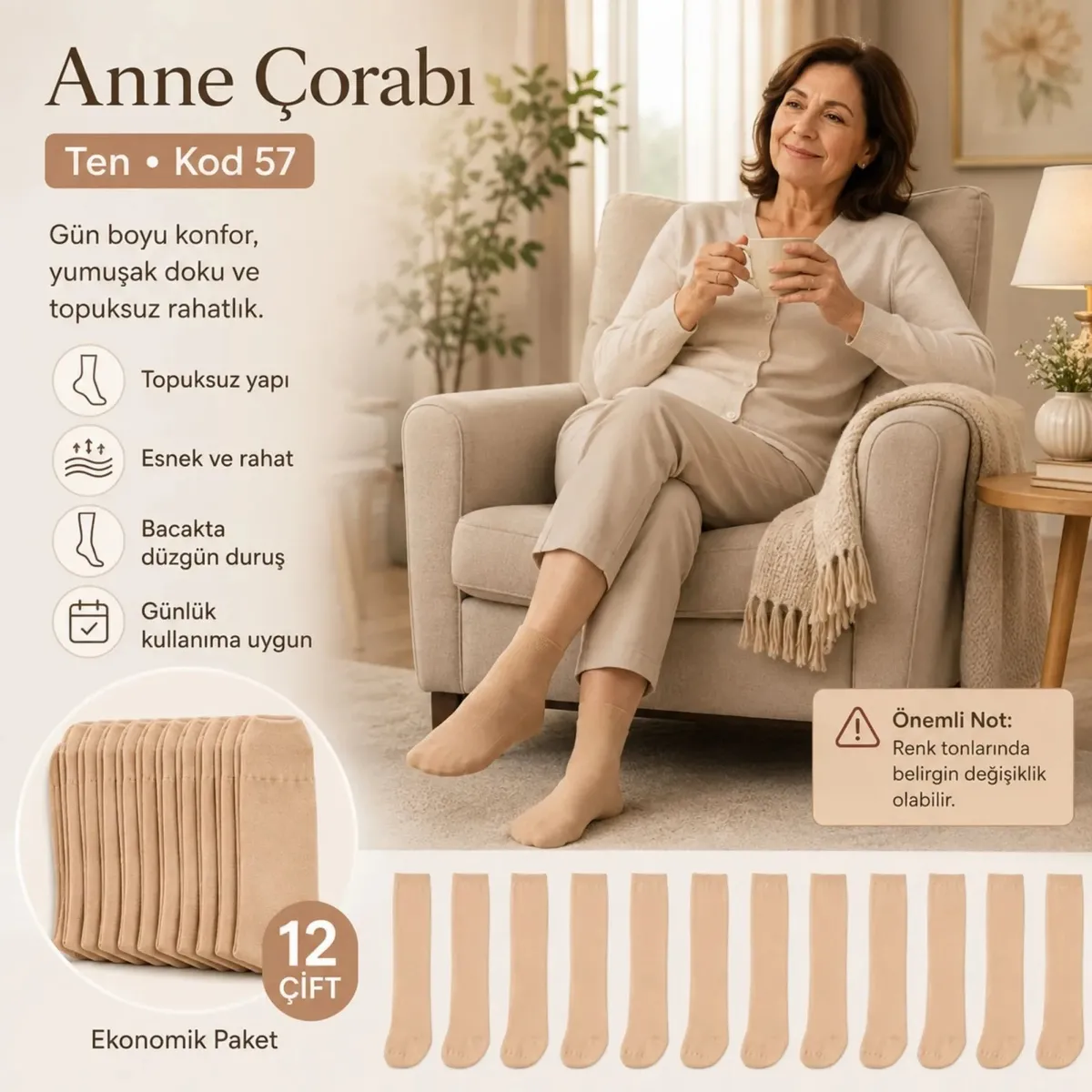 Kadın 40 Denye İnce Anne Çorabı 12'li | Dizaltı Topuksuz Esnek, Ten Siyah Bronz Vizon görseli