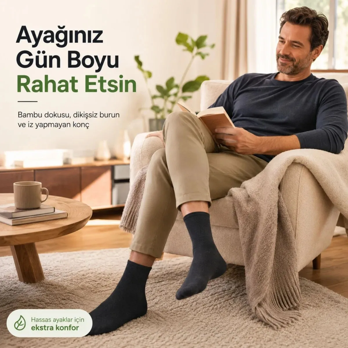 Bambu Diyabet Çorabı 3'lü Lastiksiz Dikişsiz Burun Siyah Uzun Konç Hassas Ayaklar İçin görseli