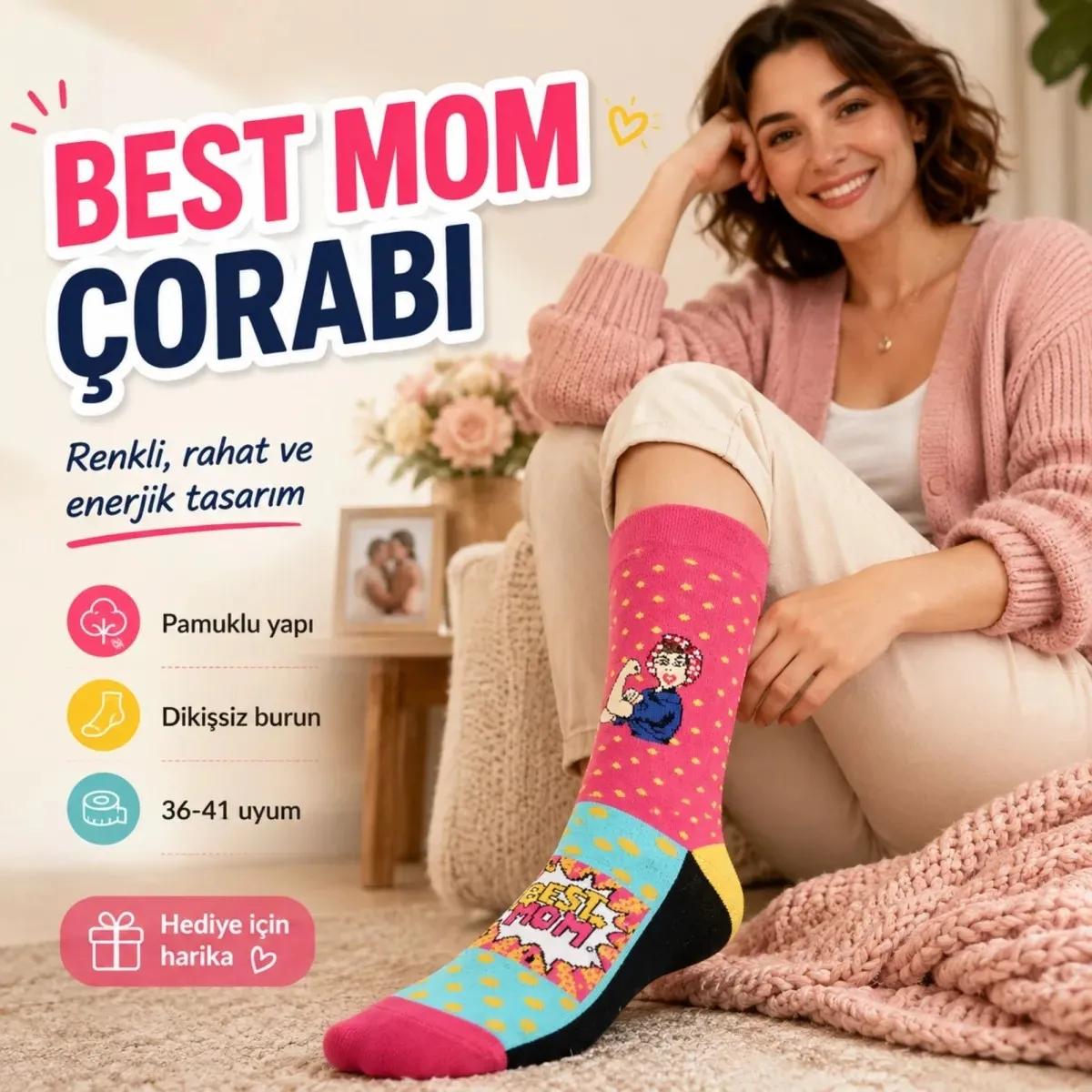 Best Mom Kadın Çorabı 36-40 Pamuklu Dikişsiz Burun Pop Art Desenli Renkli Soket Hediyelik Çorap görseli