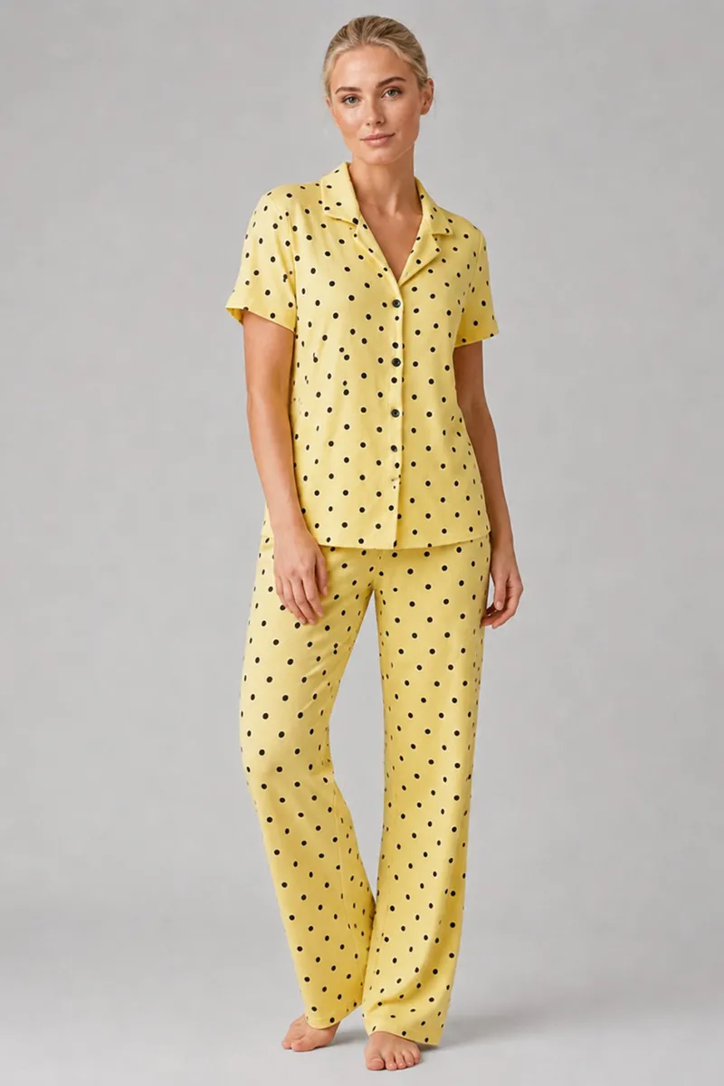 Sarı Puantiyeli Düğmeli Pijama Takımı 4642-Sarı görseli