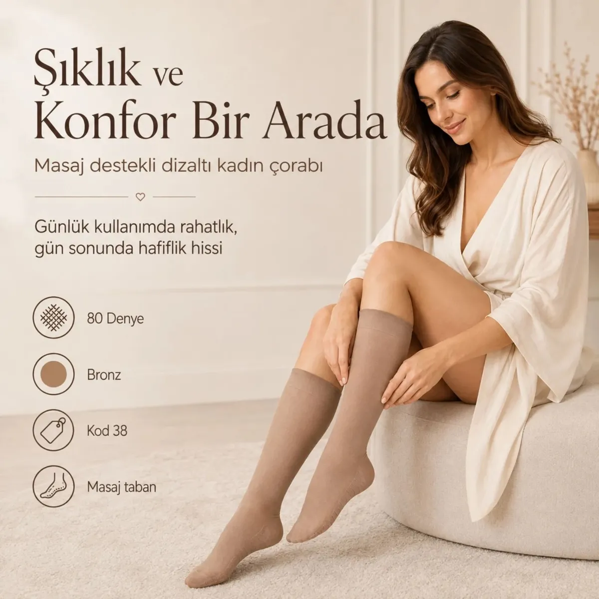 Kadın 4'lü Set Anne Masaj Tabanlı Dizaltı Çorap 80 Denye Esnek Rahat Günlük Kullanım görseli