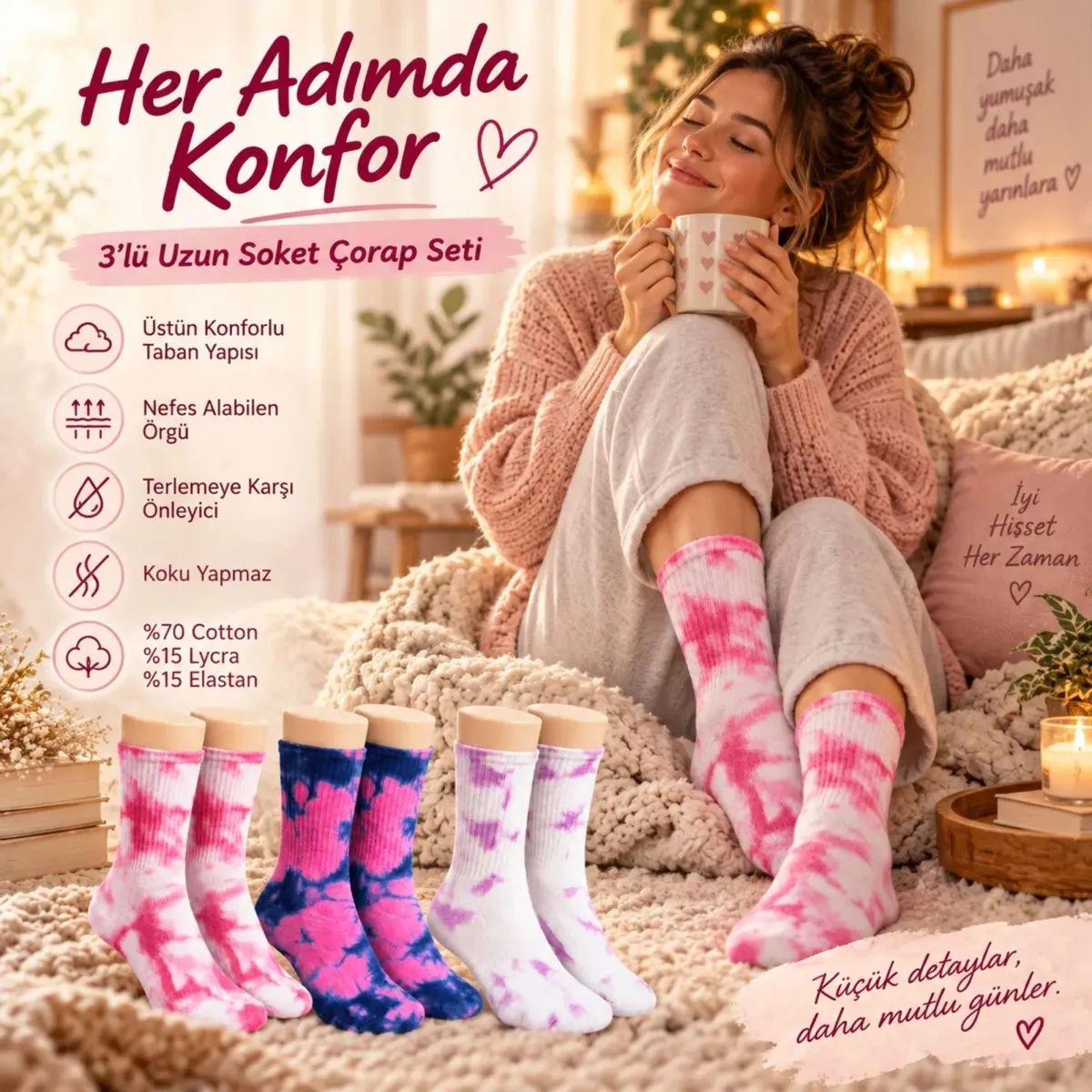 Unisex Batik Desenli Çorap 3'lü Set Pamuklu Renkli Uzun Soket Dikişsiz Nefes Alan Günlük Spor Çorabı Pembe-Beyaz-Mor-Lacivert görseli