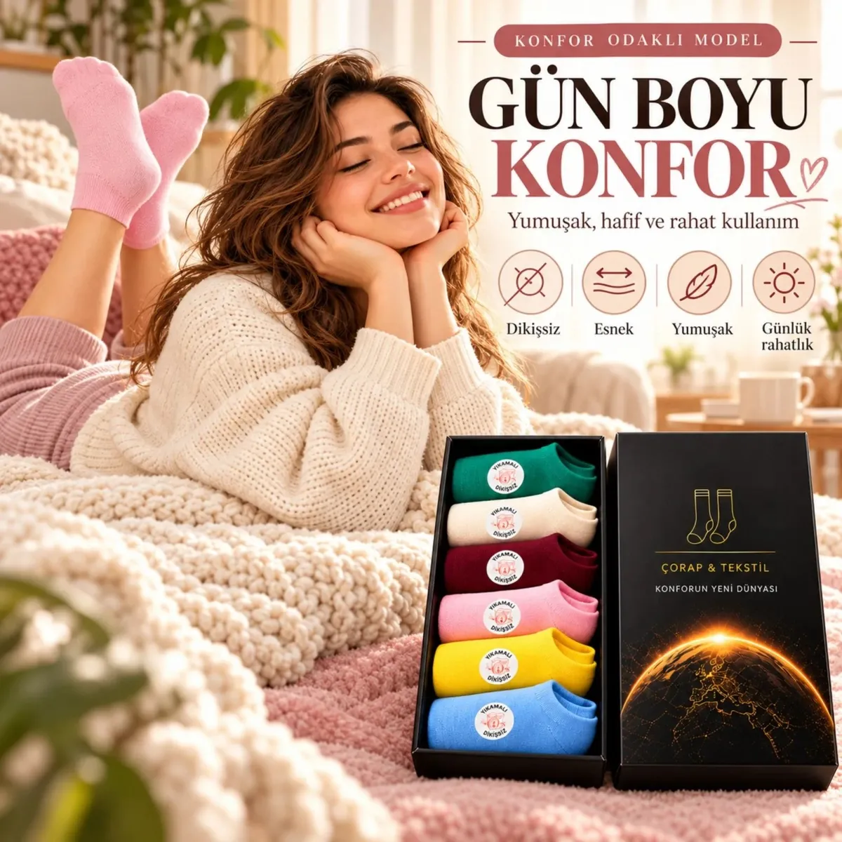 Kadın Dikişsiz Patik Çorap 12'li Kutulu Set | Renkli Günlük Patik Çorabı Hediyelik Pamuk görseli