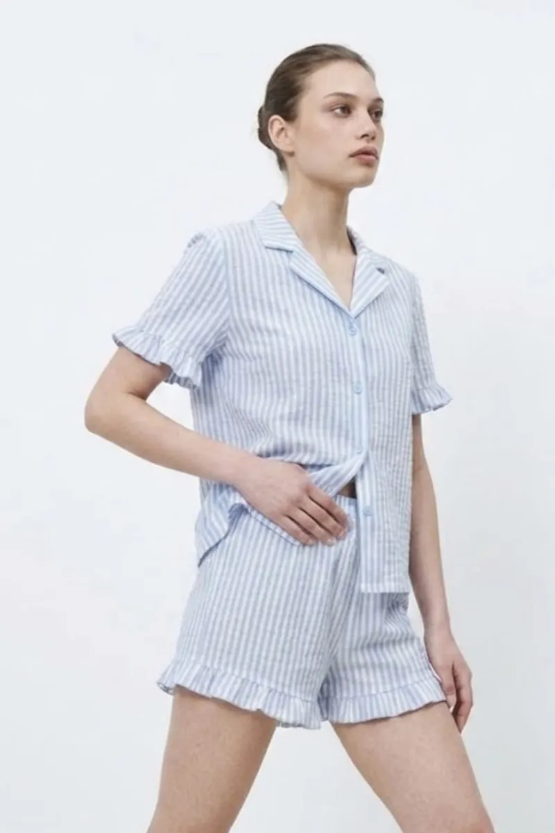 Kadın Premium Fırfırlı Mavi Pijama Takımı görseli