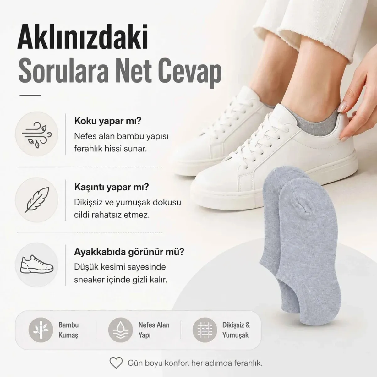 Kadın Bambu 6’lı Dikişsiz Babet Çorap Siyah Beyaz Gri Görünmez Sneaker Çorap Nefes Alan Yumuşak görseli