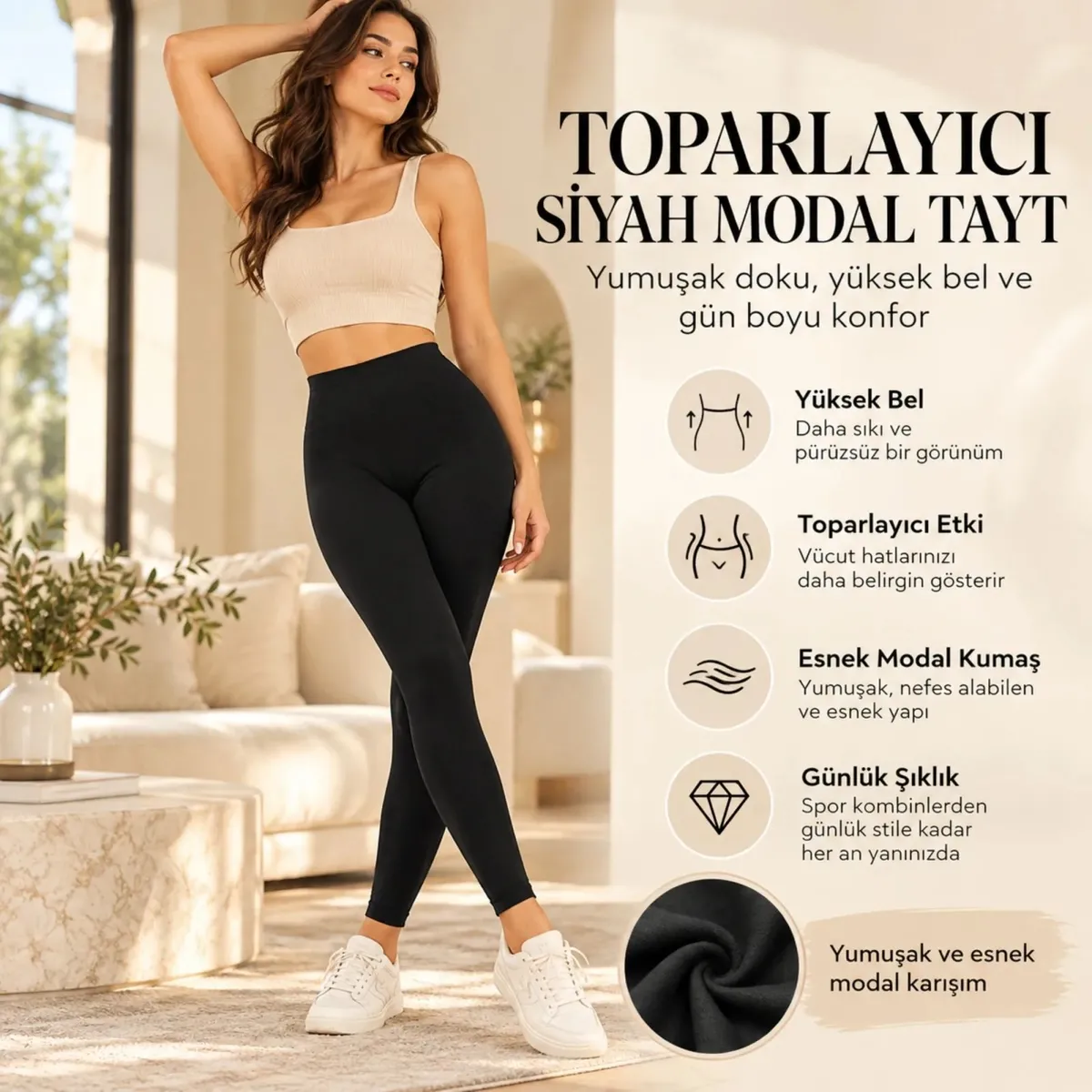 Kadın Toparlayıcı Siyah Modal 3'lü Tayt Yüksek Bel Esnek Rahat Günlük Spor Vücut Şekillendirici Tayt görseli