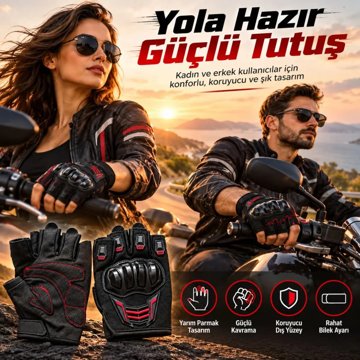 Unisex Yarım Parmak Motosiklet Eldiveni | 3D Knuckle Panelli Kaydırmaz Avuç İçi Ayarlı Bilek Bantlı görseli