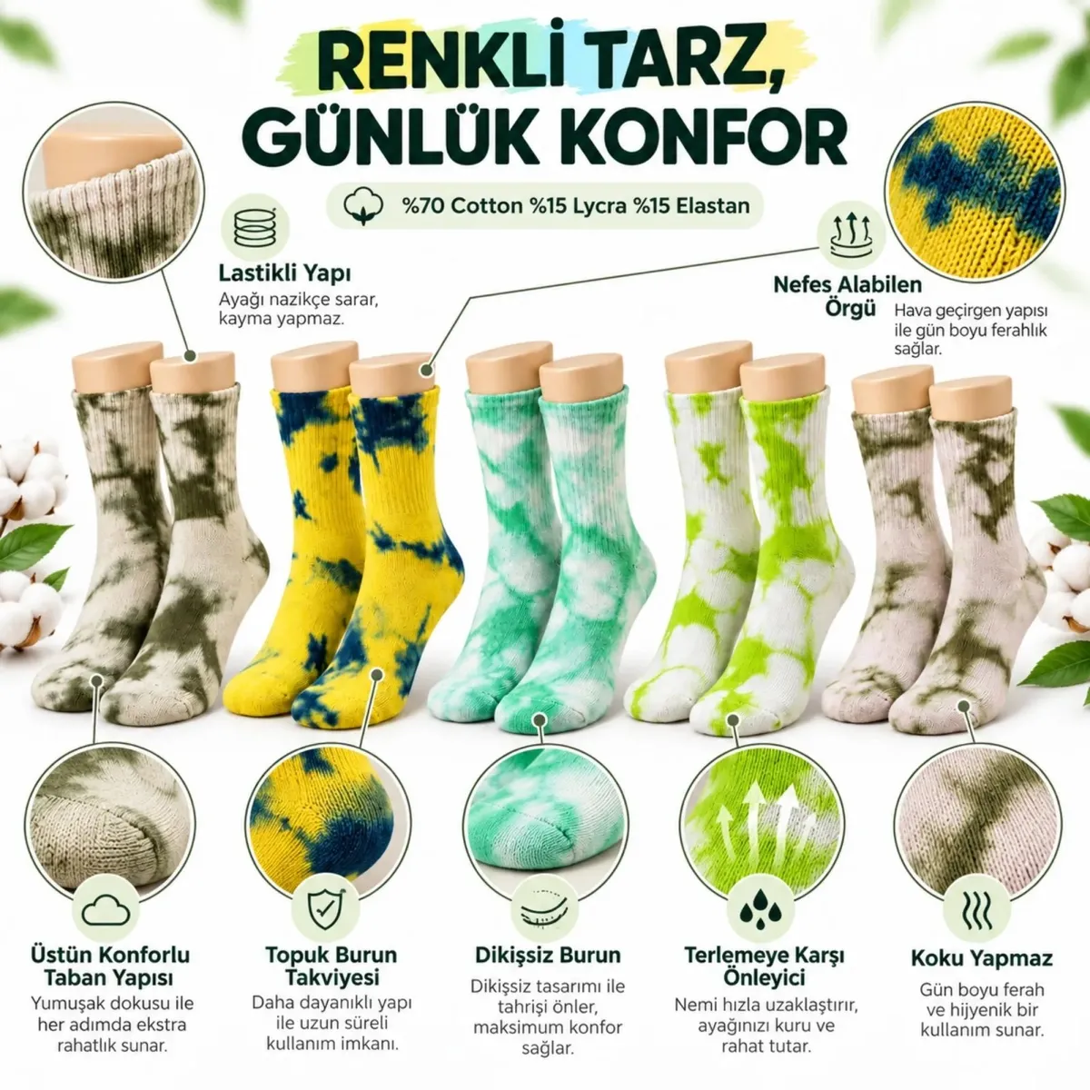 Unisex Batik Desenli Çorap 10'lu Pamuklu Renkli Uzun Soket Dikişsiz Nefes Alan Günlük Spor Çorabı görseli