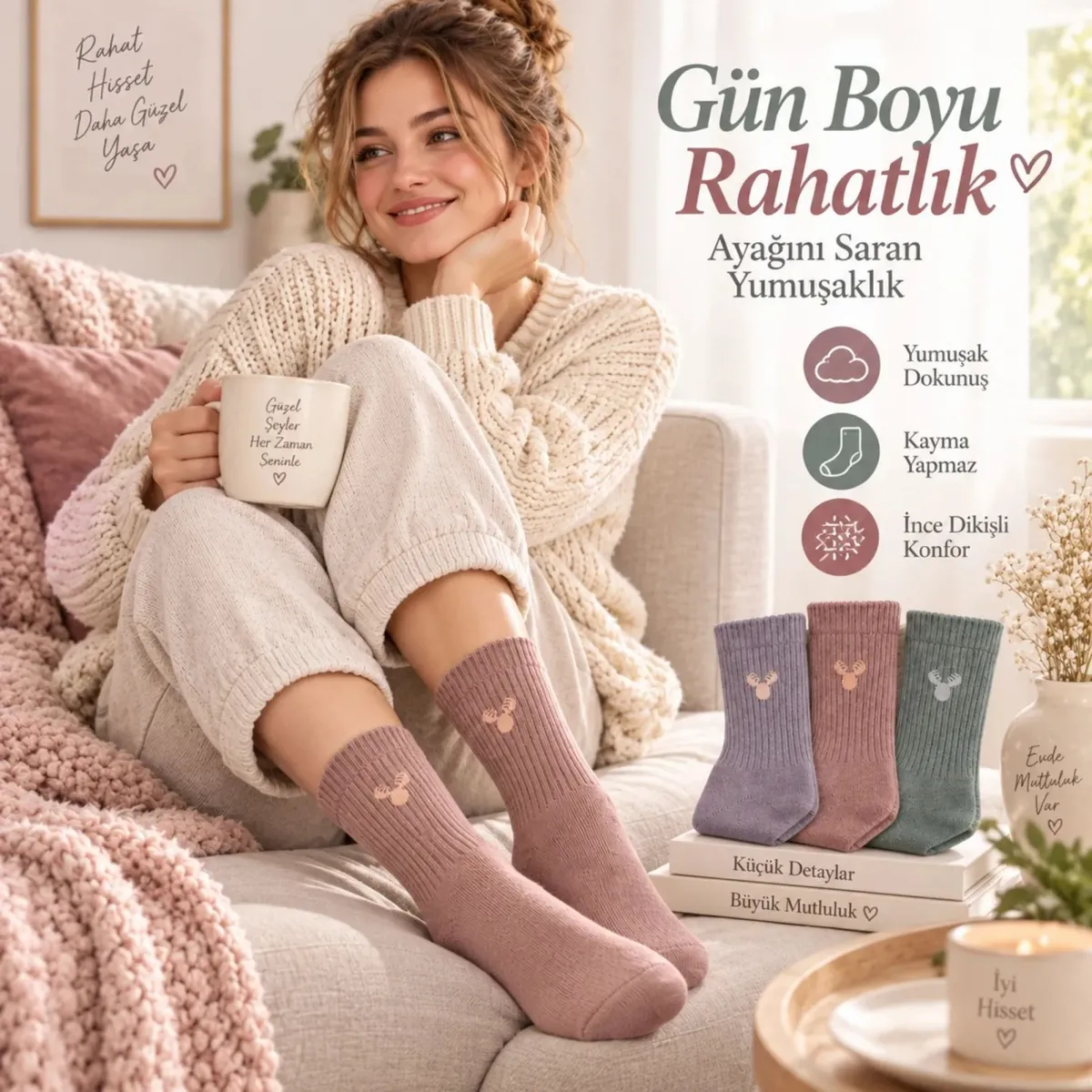 Kadın Geyik Fitilli Soket Çorap 3’lü – Yumuşak Dokulu Pastel Renk Günlük Çorap Seti görseli