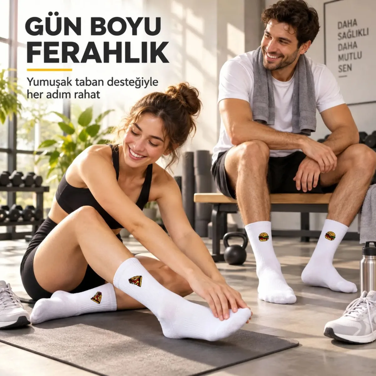 UNİSEX Çorap Beyaz Nakışlı 3'lü Set Pizza Hotdog Hamburger Desenli Uzun Soket Günlük Spor Çorap Seti görseli